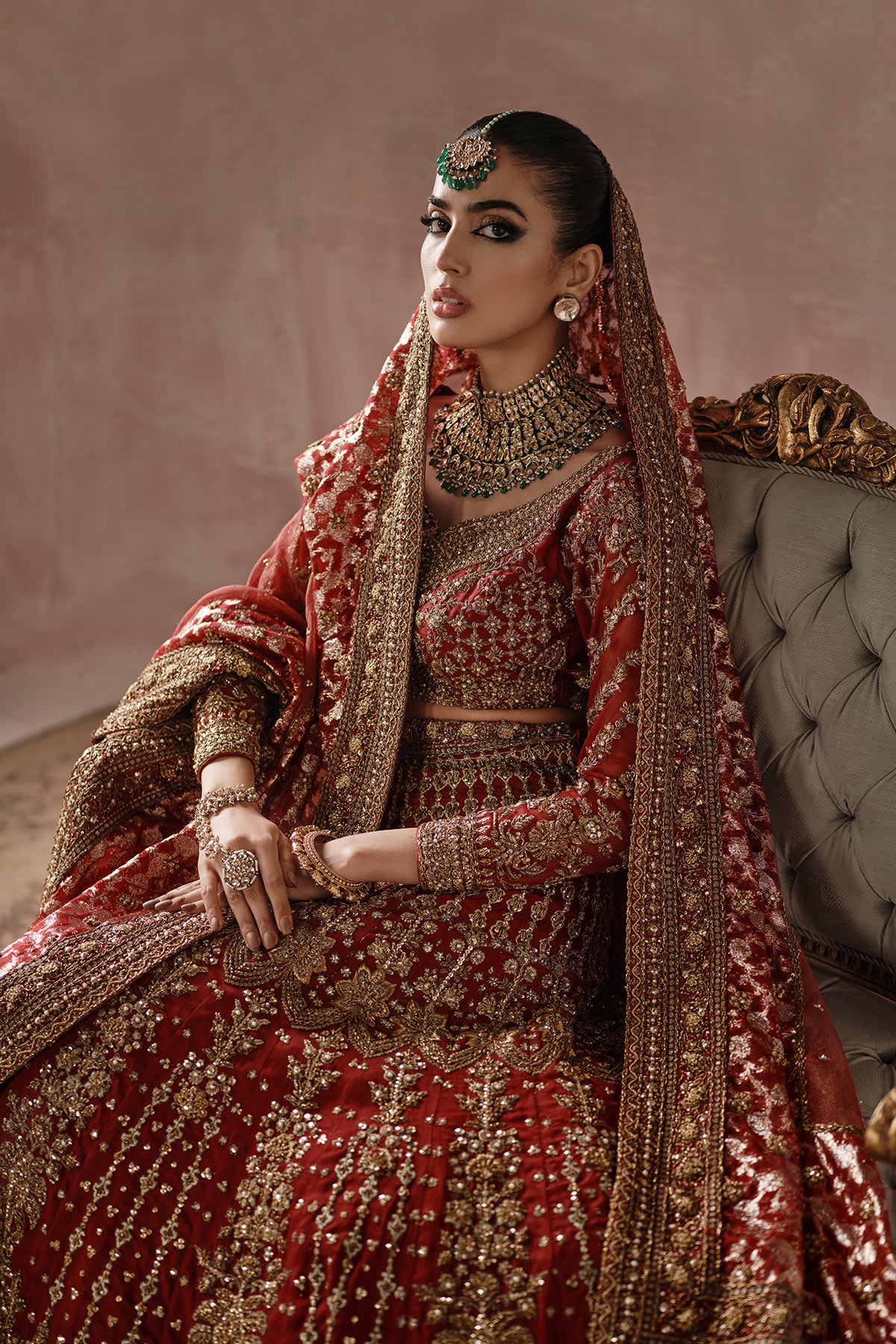 Pakistani Red Zardozi Embroidered Bridal Lehenga Choli (3-Piece) - Image 4