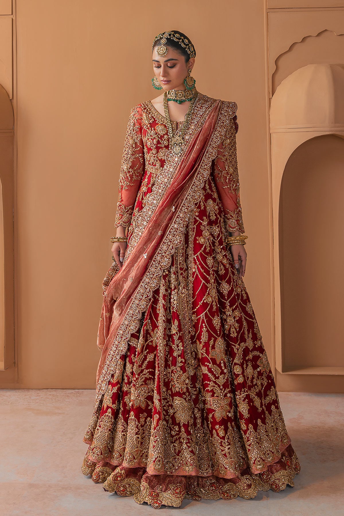 Pakistani Deep Red Zardozi Velvet Bridal Lehenga (3-Piece) - Image 1