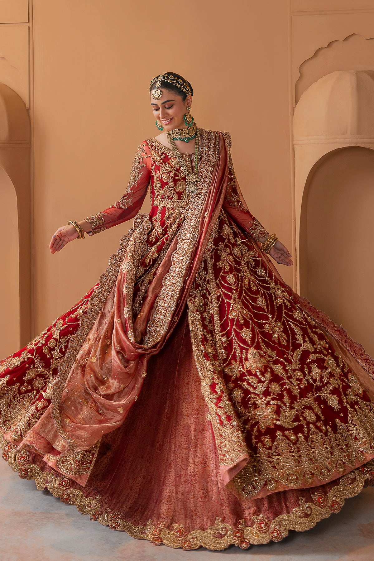 Pakistani Deep Red Zardozi Velvet Bridal Lehenga (3-Piece) - Image 2