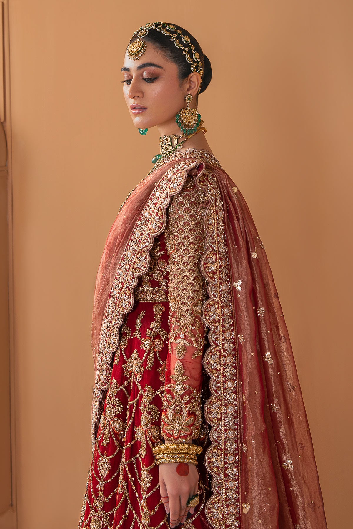 Pakistani Deep Red Zardozi Velvet Bridal Lehenga (3-Piece) - Image 3