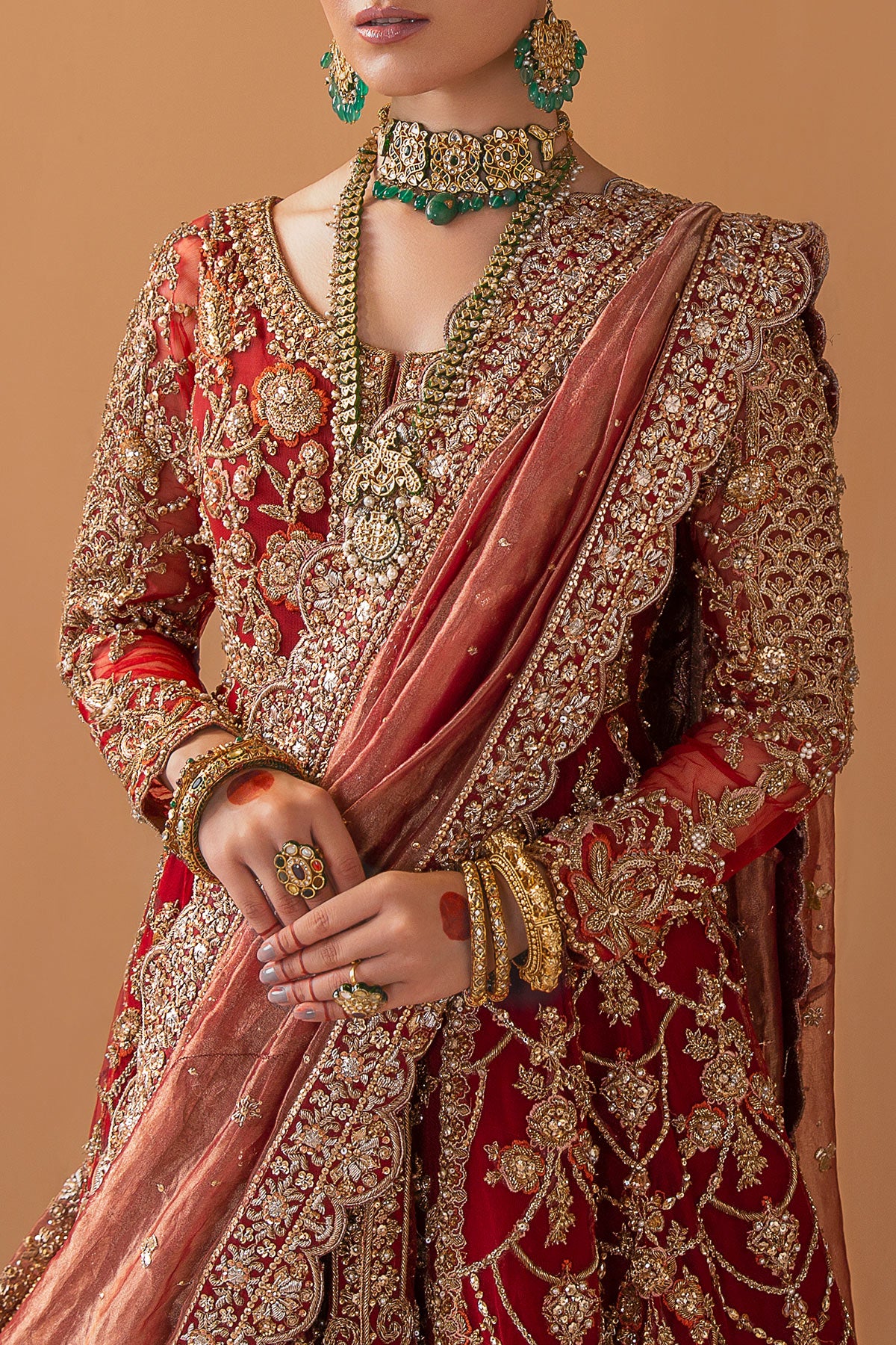 Pakistani Deep Red Zardozi Velvet Bridal Lehenga (3-Piece) - Image 4