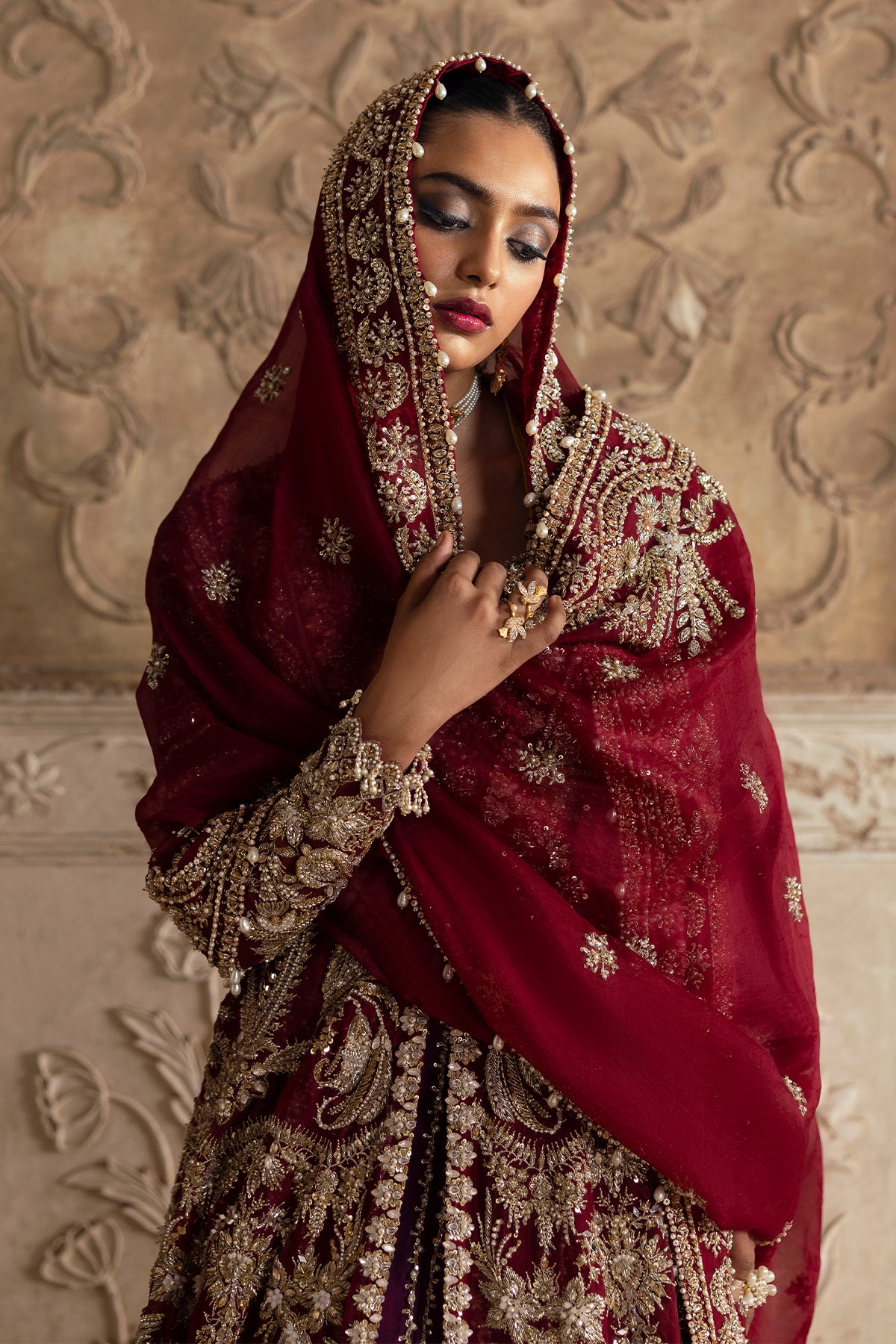 Pakistani Deep Red Zardozi Velvet Lehenga Set (3-Piece) - Image 10