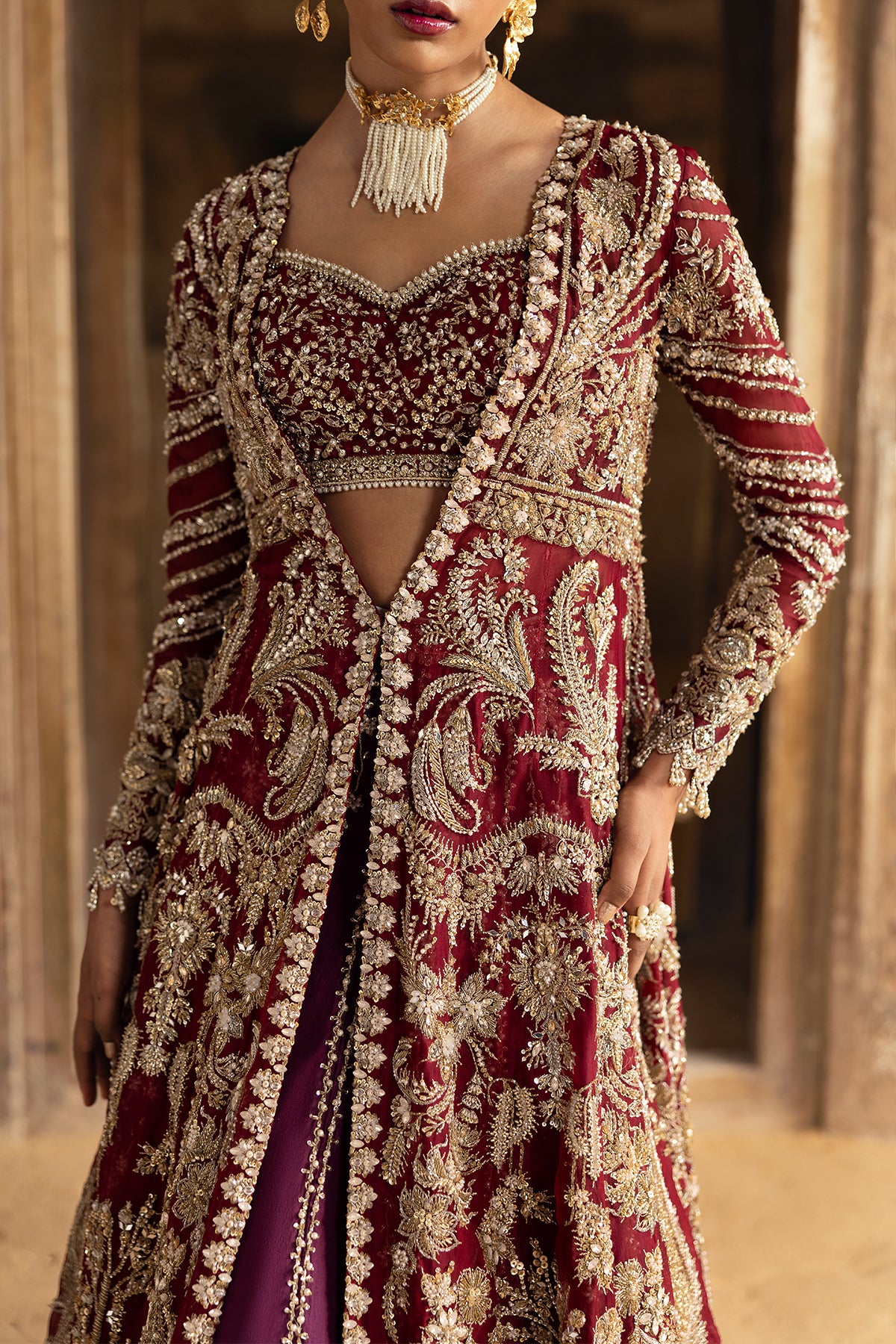 Pakistani Deep Red Zardozi Velvet Lehenga Set (3-Piece) - Image 11