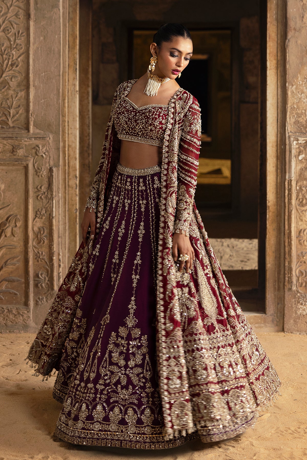 Pakistani Deep Red Zardozi Velvet Lehenga Set (3-Piece) - Image 12