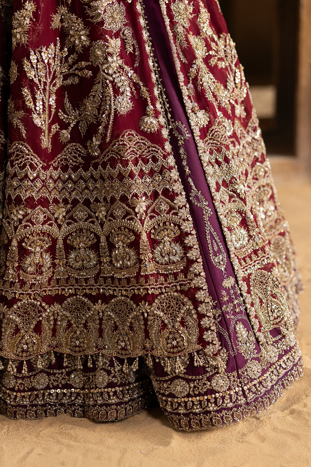 Pakistani Deep Red Zardozi Velvet Lehenga Set (3-Piece) - Image 13