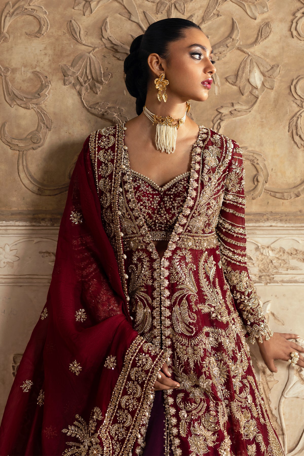 Pakistani Deep Red Zardozi Velvet Lehenga Set (3-Piece) - Image 14