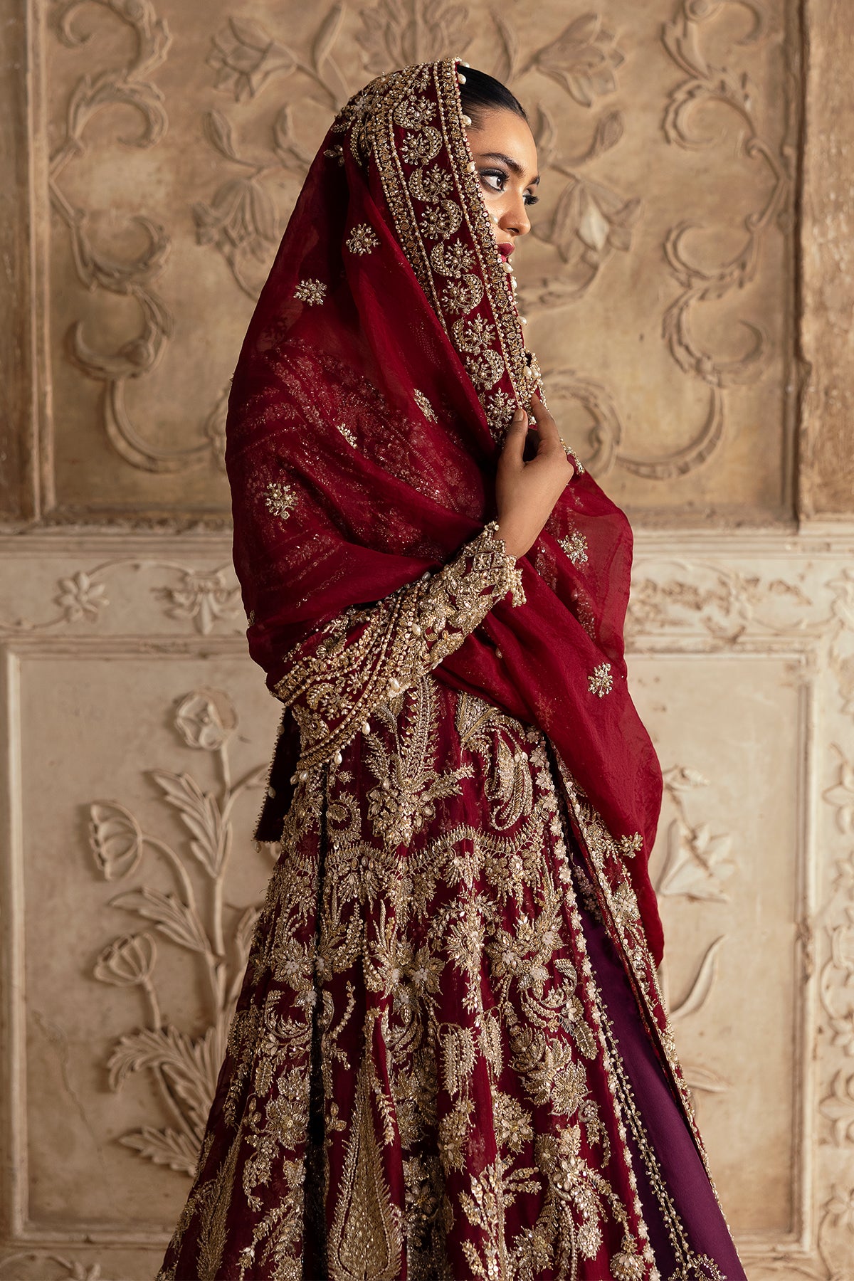 Pakistani Deep Red Zardozi Velvet Lehenga Set (3-Piece) - Image 16