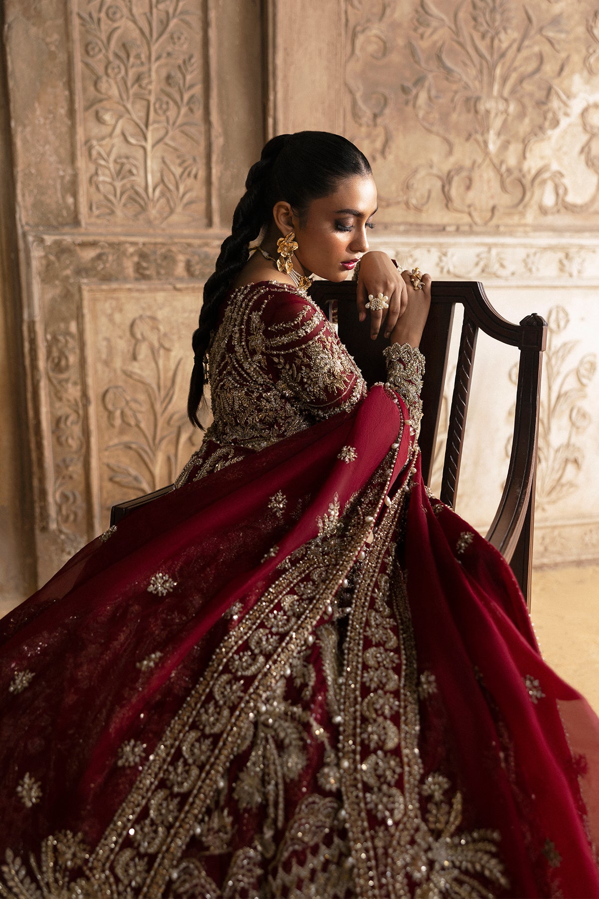 Pakistani Deep Red Zardozi Velvet Lehenga Set (3-Piece) - Image 17