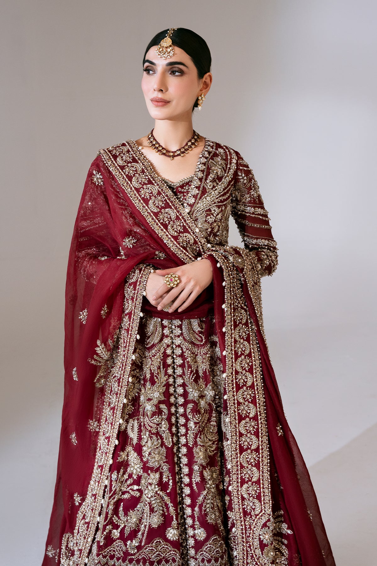 Pakistani Deep Red Zardozi Velvet Lehenga Set (3-Piece) - Image 2