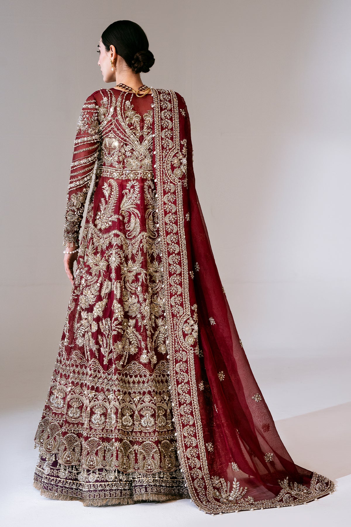 Pakistani Deep Red Zardozi Velvet Lehenga Set (3-Piece) - Image 4