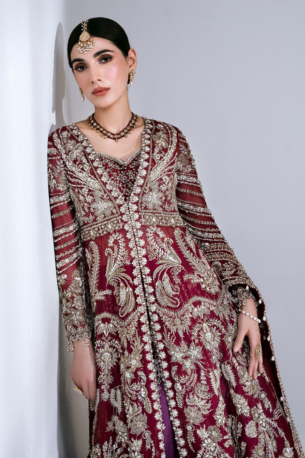 Pakistani Deep Red Zardozi Velvet Lehenga Set (3-Piece) - Image 5