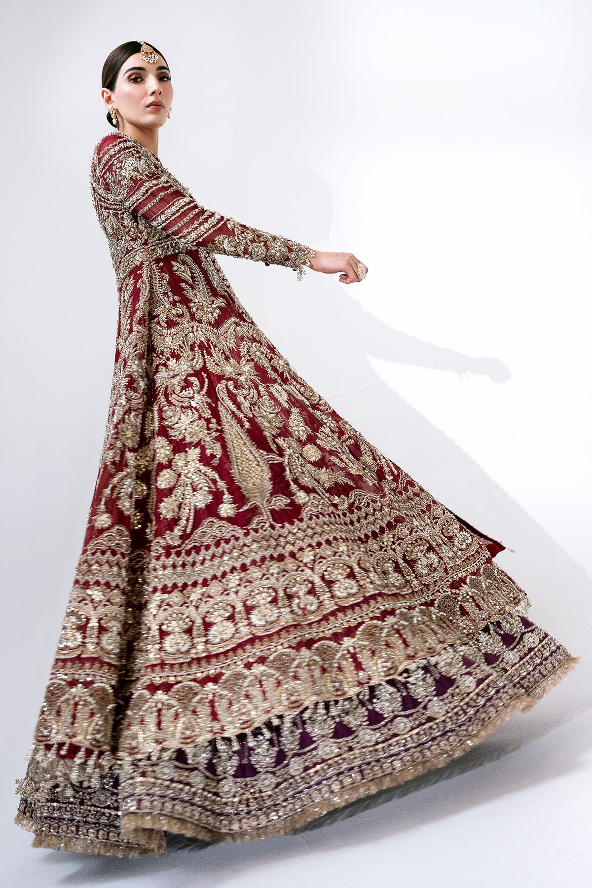 Pakistani Deep Red Zardozi Velvet Lehenga Set (3-Piece) - Image 6