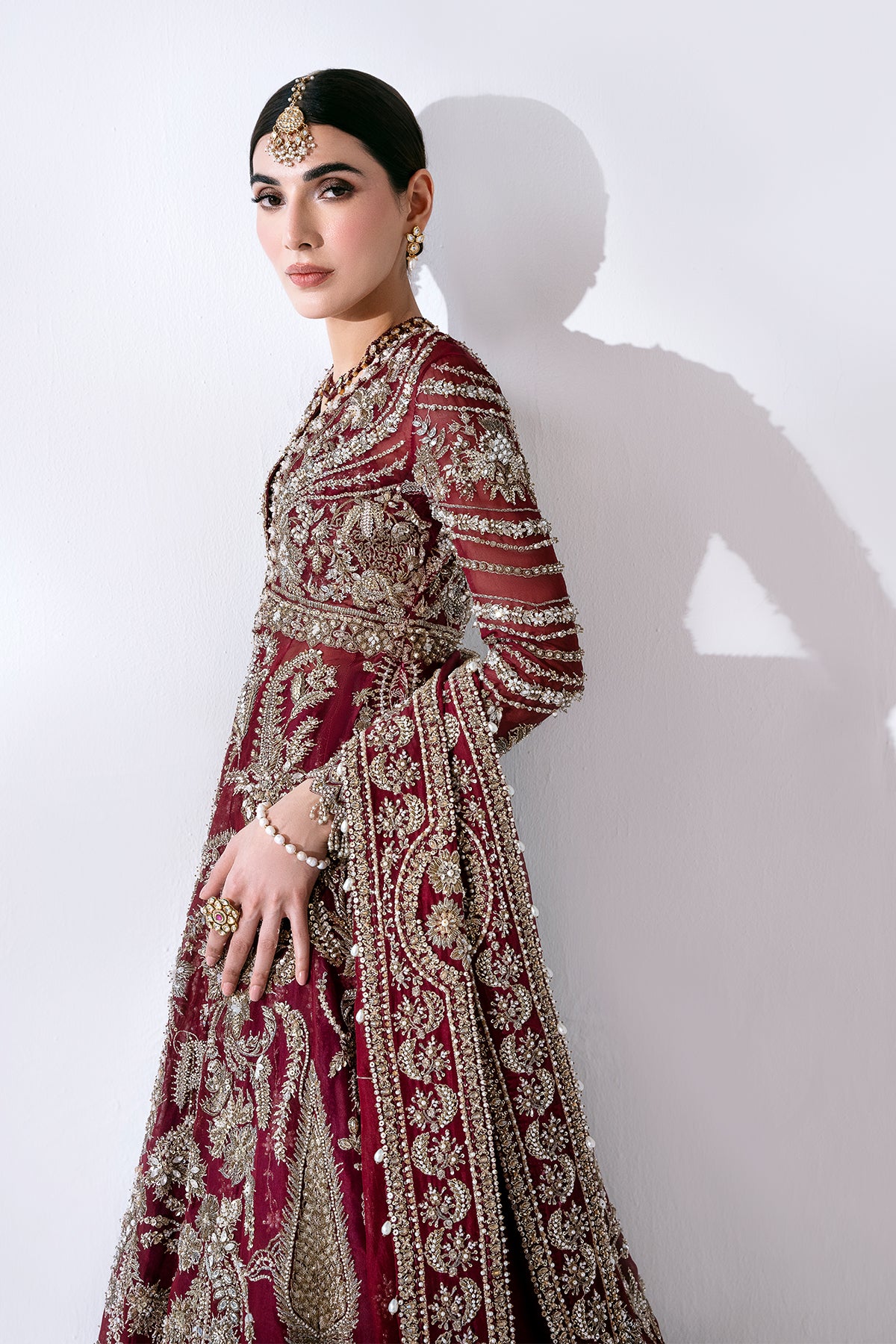 Pakistani Deep Red Zardozi Velvet Lehenga Set (3-Piece) - Image 7