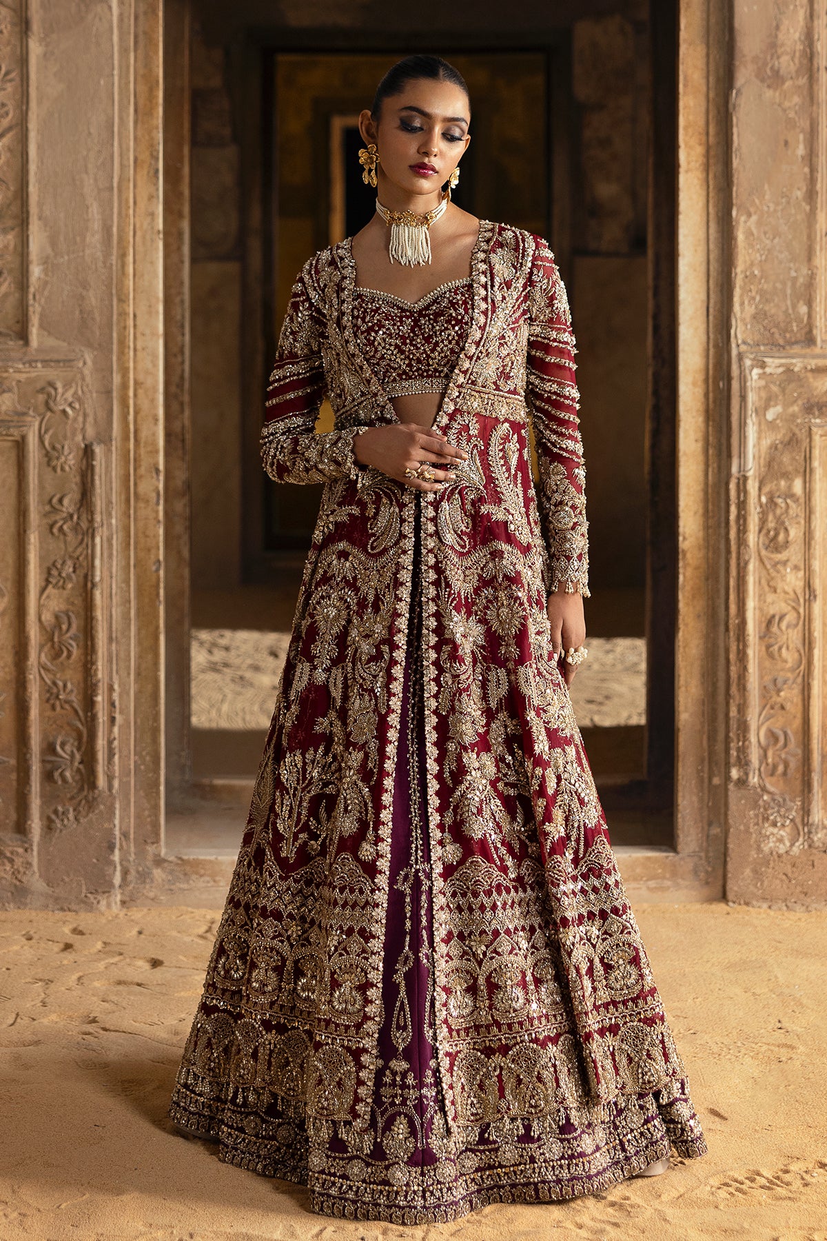 Pakistani Deep Red Zardozi Velvet Lehenga Set (3-Piece) - Image 8
