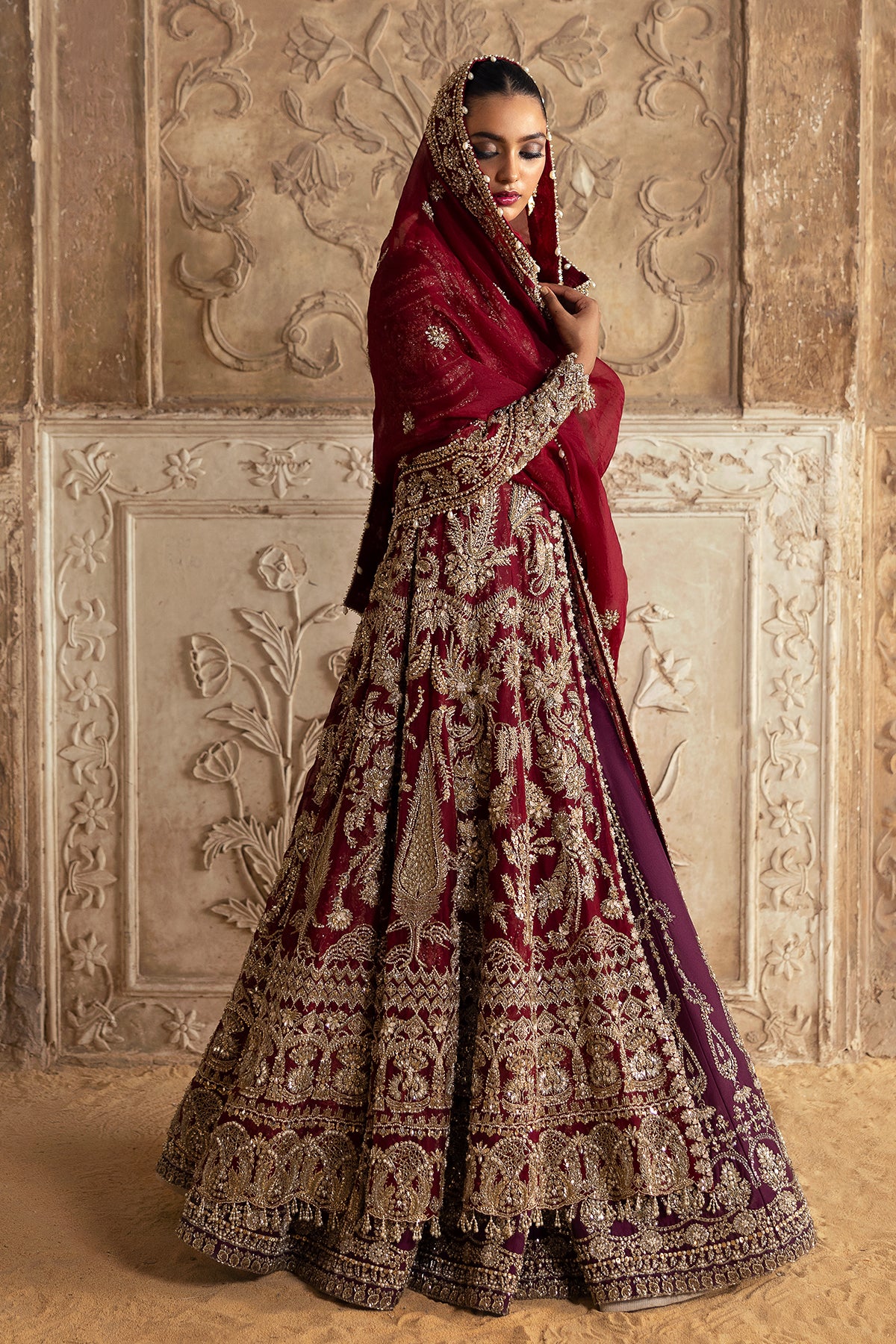 Pakistani Deep Red Zardozi Velvet Lehenga Set (3-Piece) - Image 9