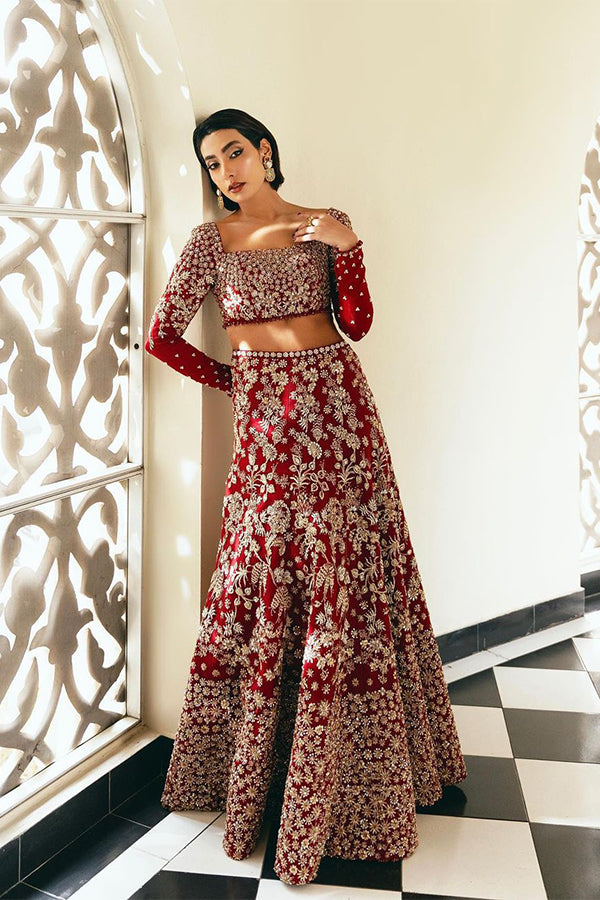 Pakistani Deep Red Embroidered Velvet Bridal Lehenga (3-Piece) - Image 1
