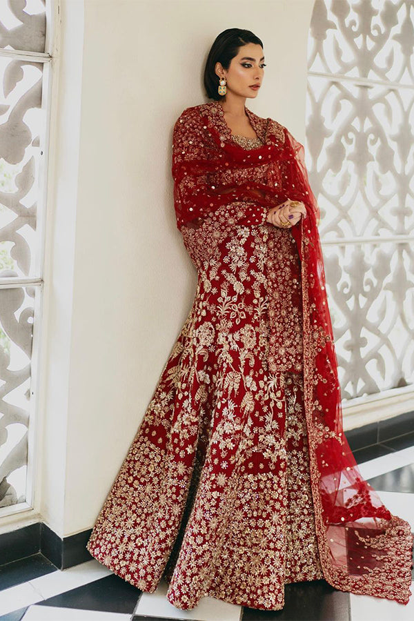 Pakistani Deep Red Embroidered Velvet Bridal Lehenga (3-Piece) - Image 2