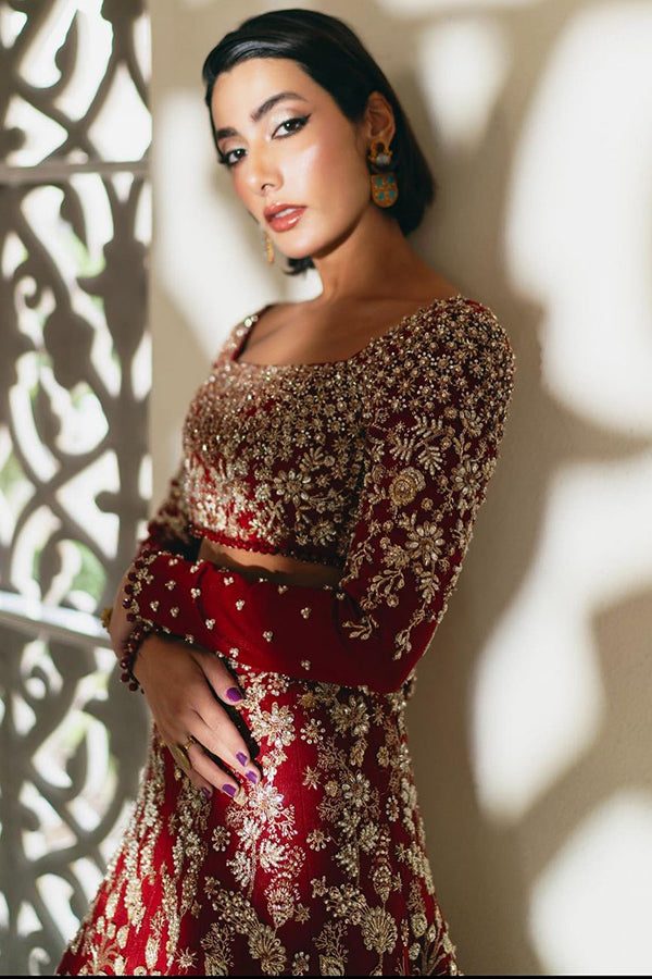 Pakistani Deep Red Embroidered Velvet Bridal Lehenga (3-Piece) - Image 3