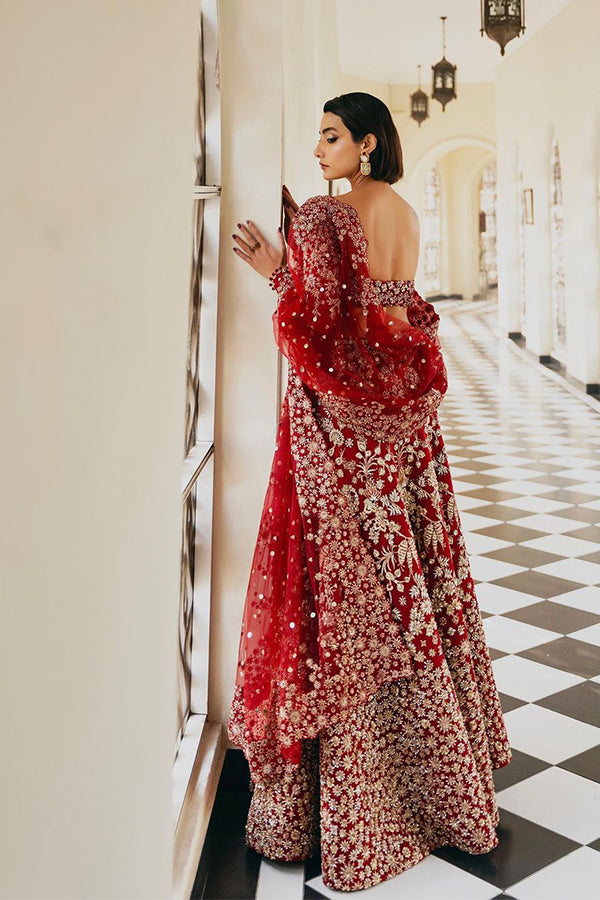 Pakistani Deep Red Embroidered Velvet Bridal Lehenga (3-Piece) - Image 4