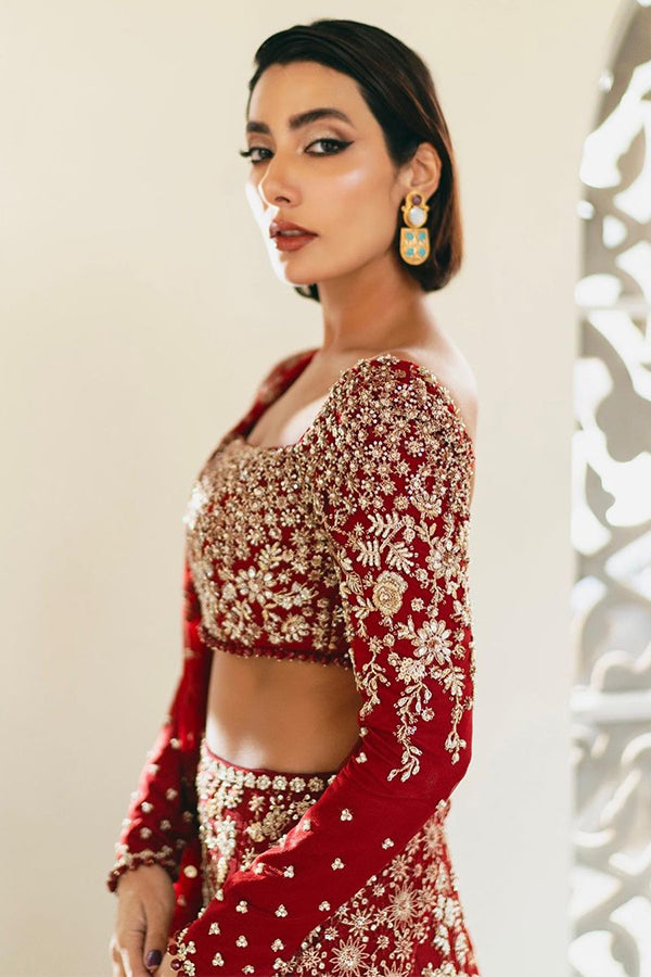 Pakistani Deep Red Embroidered Velvet Bridal Lehenga (3-Piece) - Image 5