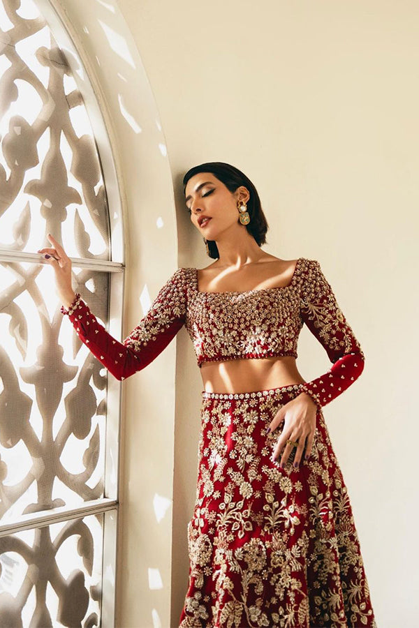Pakistani Deep Red Embroidered Velvet Bridal Lehenga (3-Piece) - Image 7