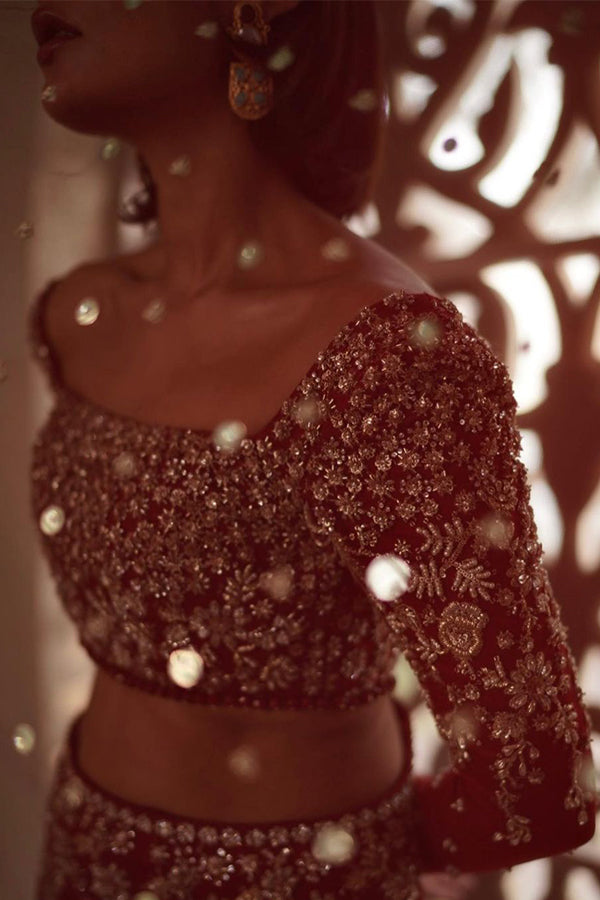 Pakistani Deep Red Embroidered Velvet Bridal Lehenga (3-Piece) - Image 8