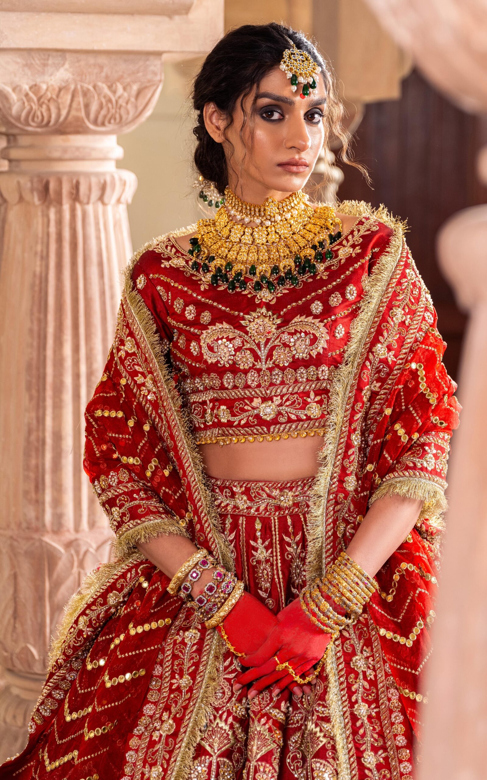 Deep Red Embellished Velvet Bridal Lehenga (3-Piece) - Image 2