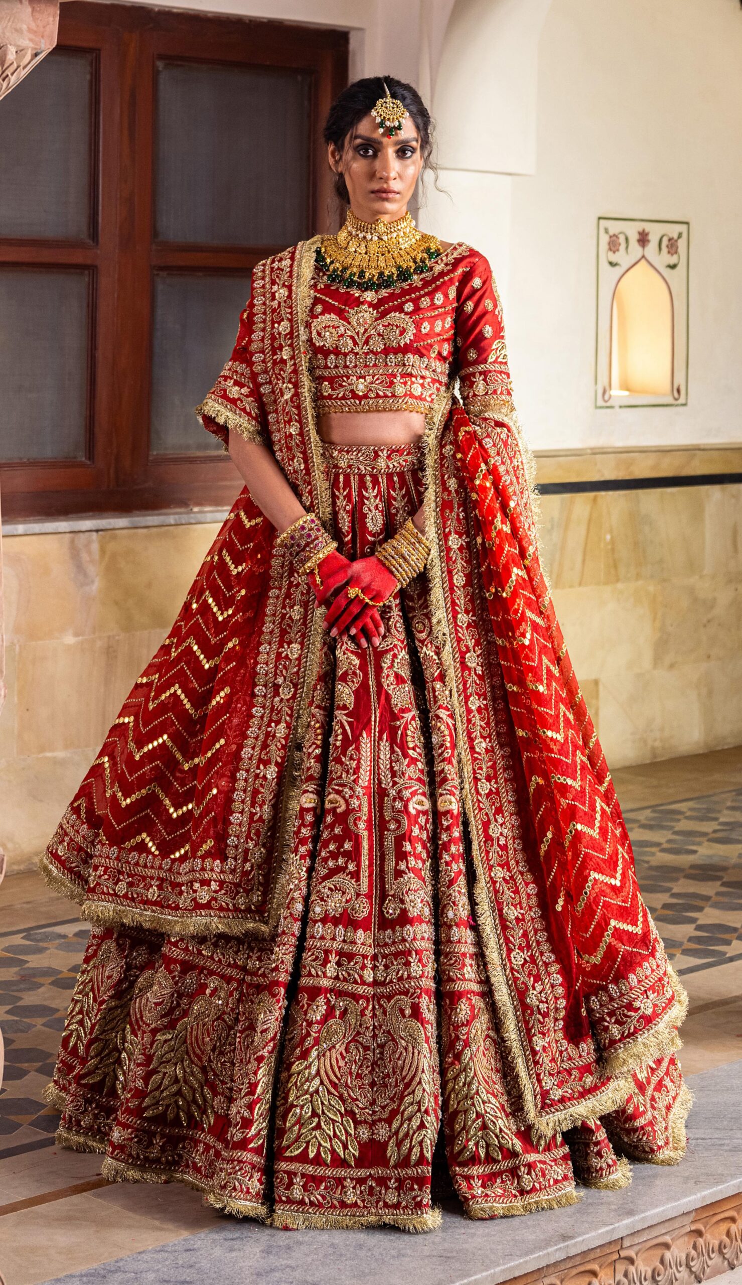 Deep Red Embellished Velvet Bridal Lehenga (3-Piece) - Image 3