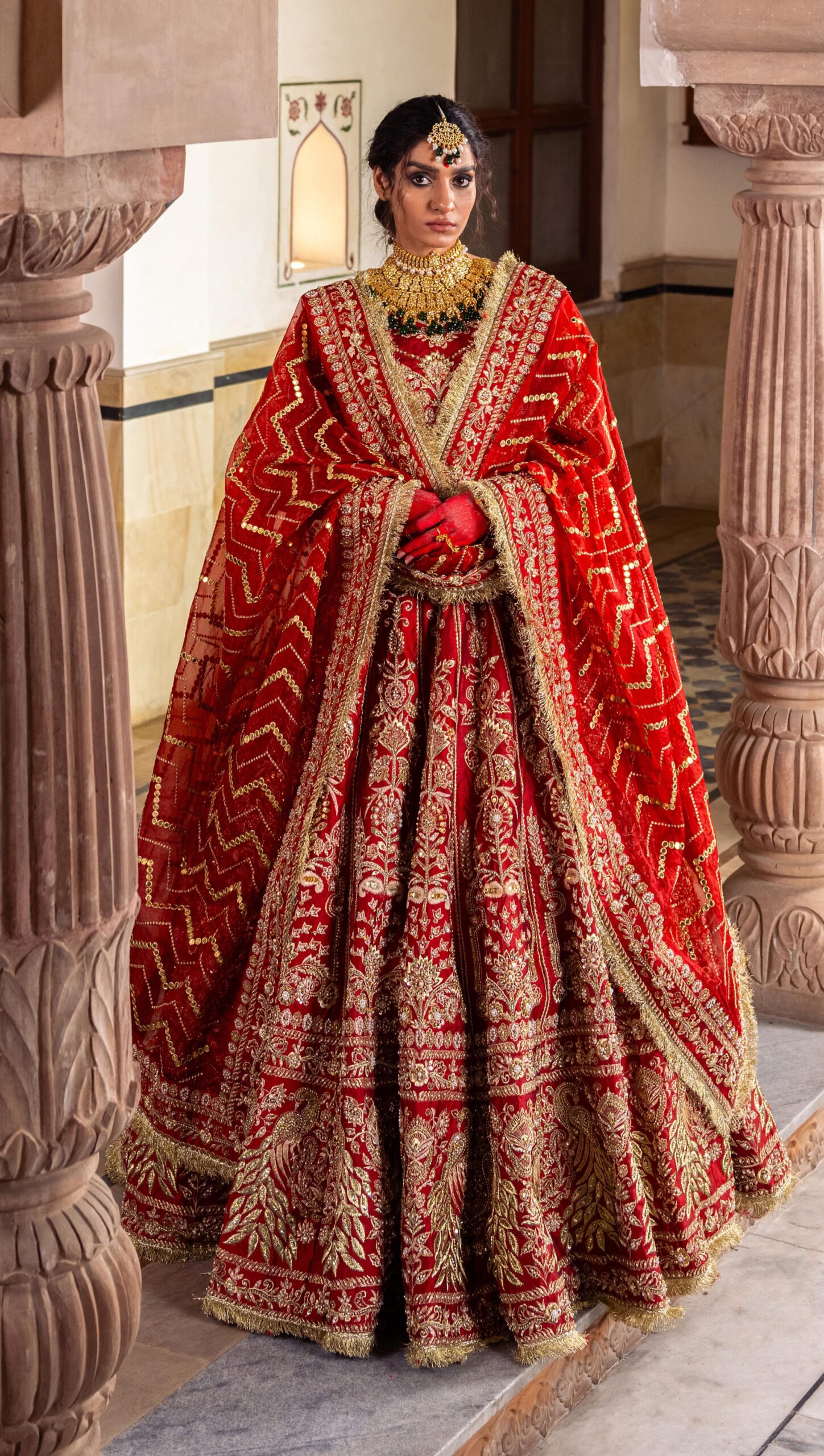 Deep Red Embellished Velvet Bridal Lehenga (3-Piece) - Image 4
