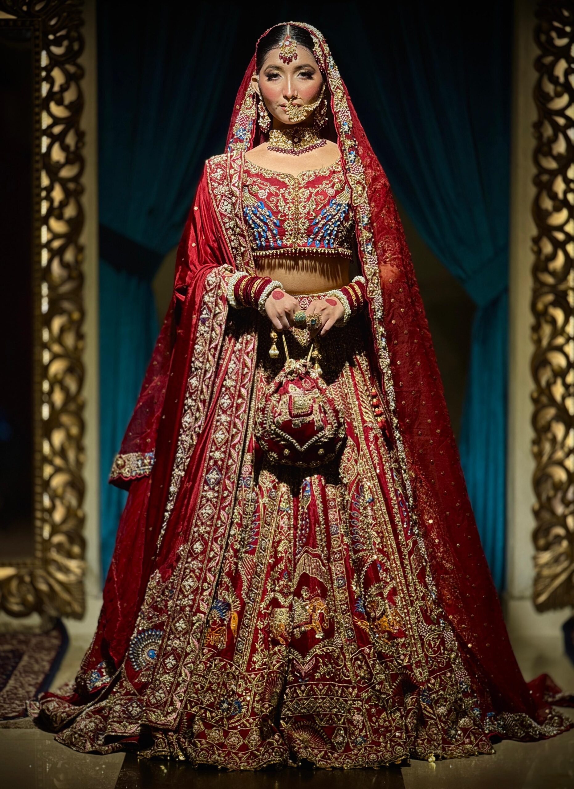 Deep Red Embroidered Velvet Bridal Choli Lehenga (3-Piece) - Image 1