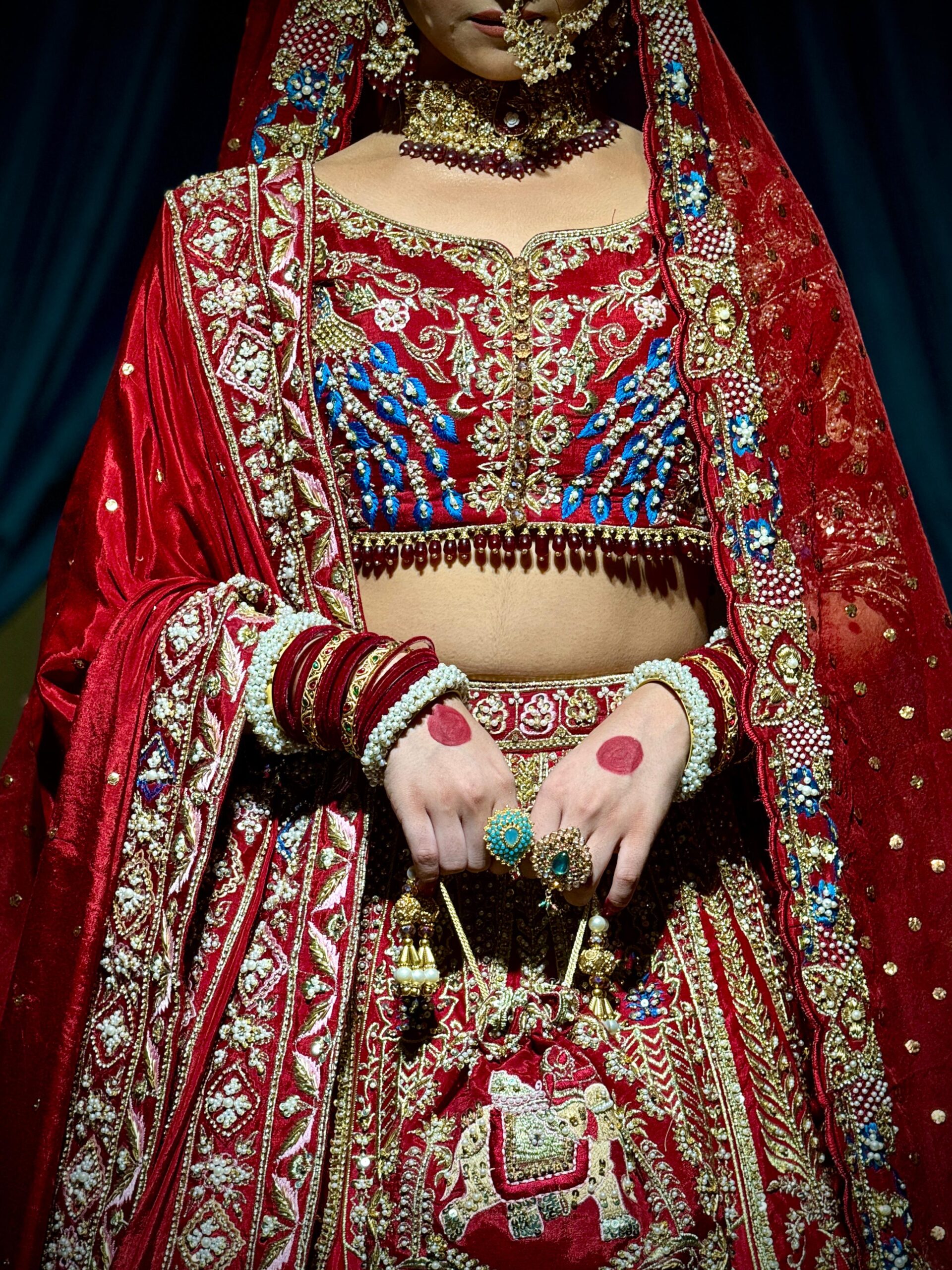 Deep Red Embroidered Velvet Bridal Choli Lehenga (3-Piece) - Image 3