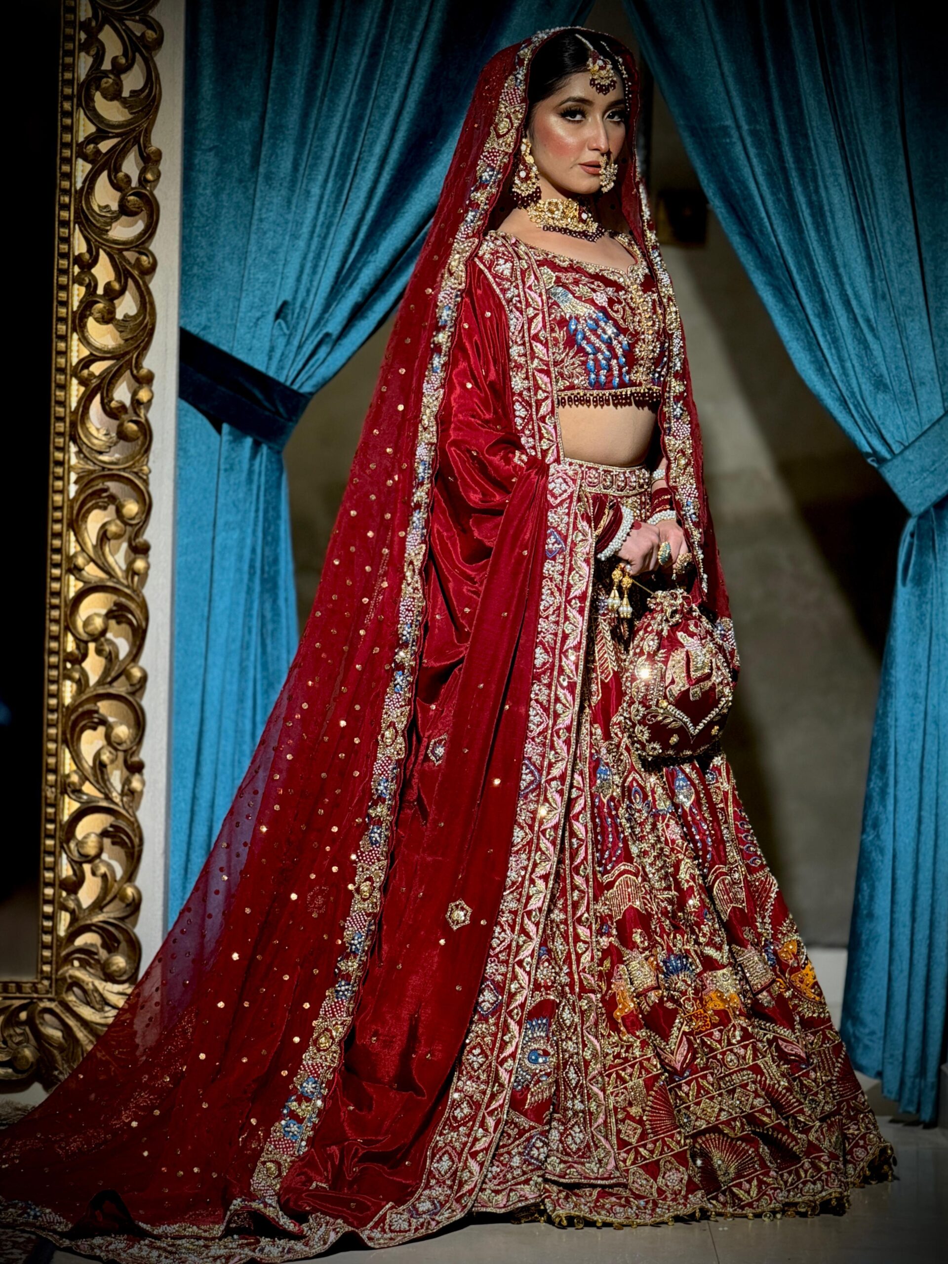 Deep Red Embroidered Velvet Bridal Choli Lehenga (3-Piece) - Image 4