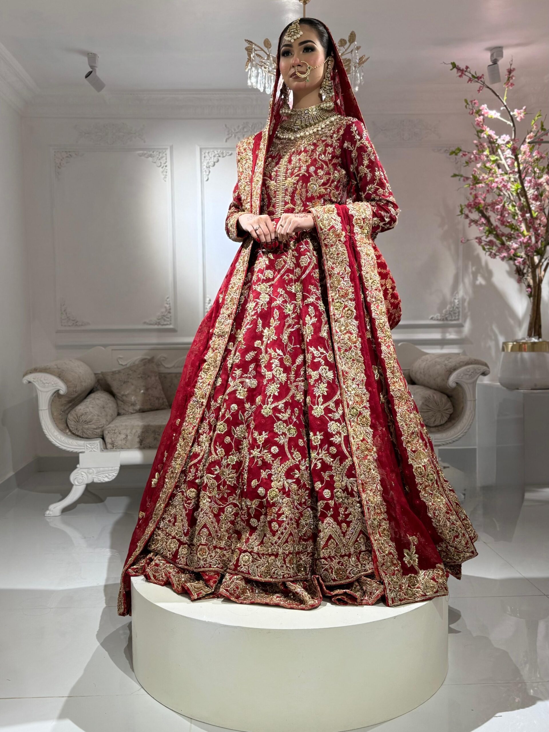 Pakistani Deep Red Zardozi Velvet Bridal Lehenga (3-Piece) - Image 3