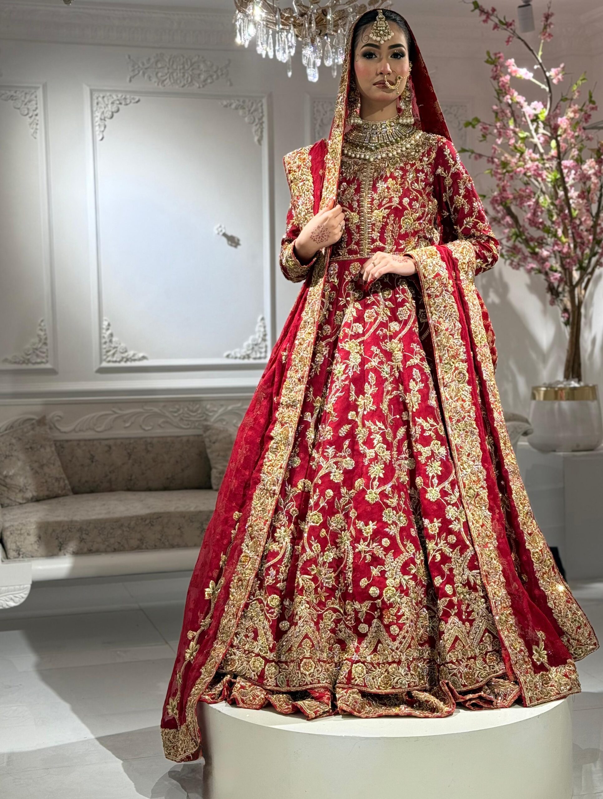 Pakistani Deep Red Zardozi Velvet Bridal Lehenga (3-Piece) - Image 4