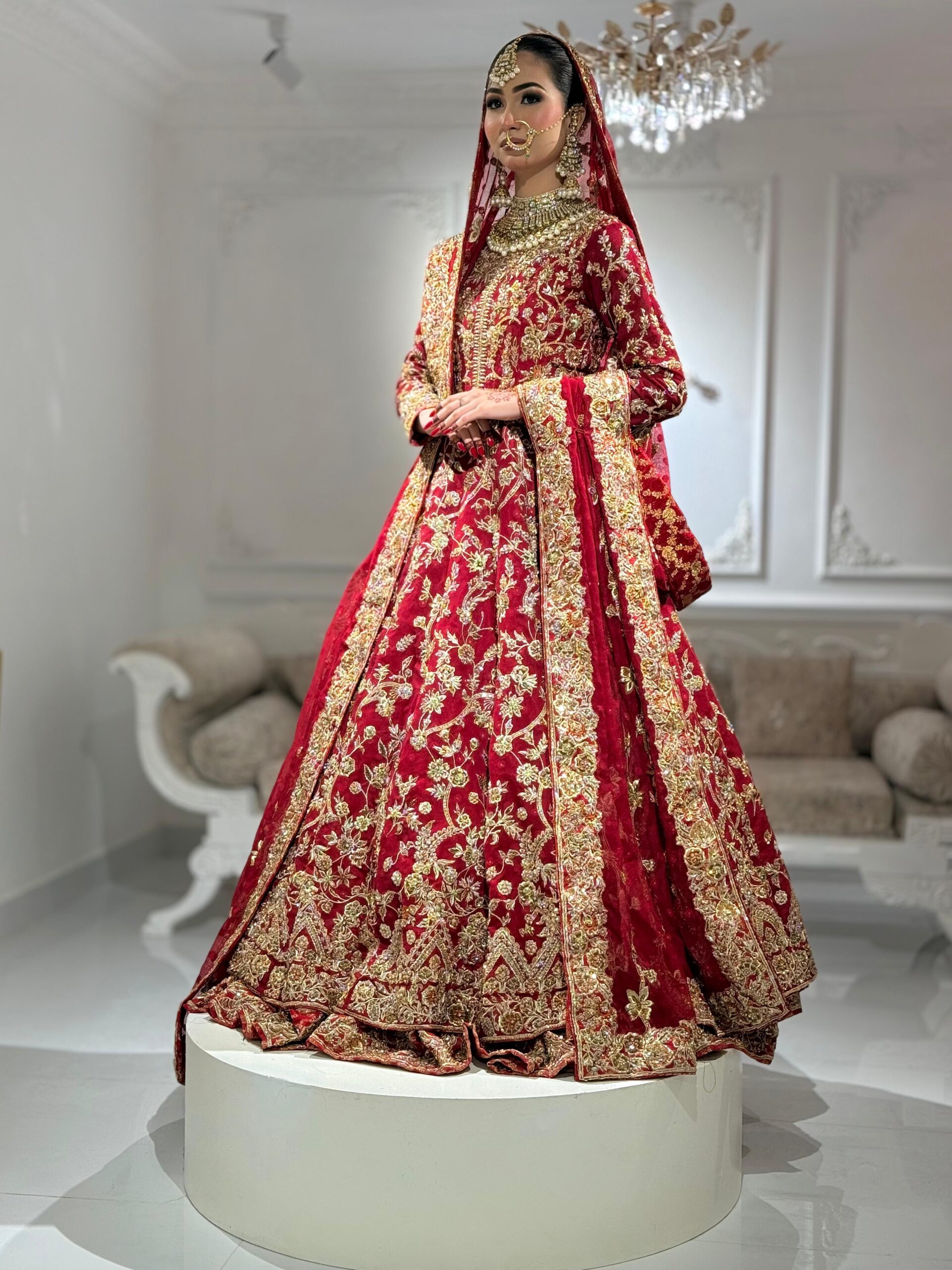 Pakistani Deep Red Zardozi Velvet Bridal Lehenga (3-Piece) - Image 5