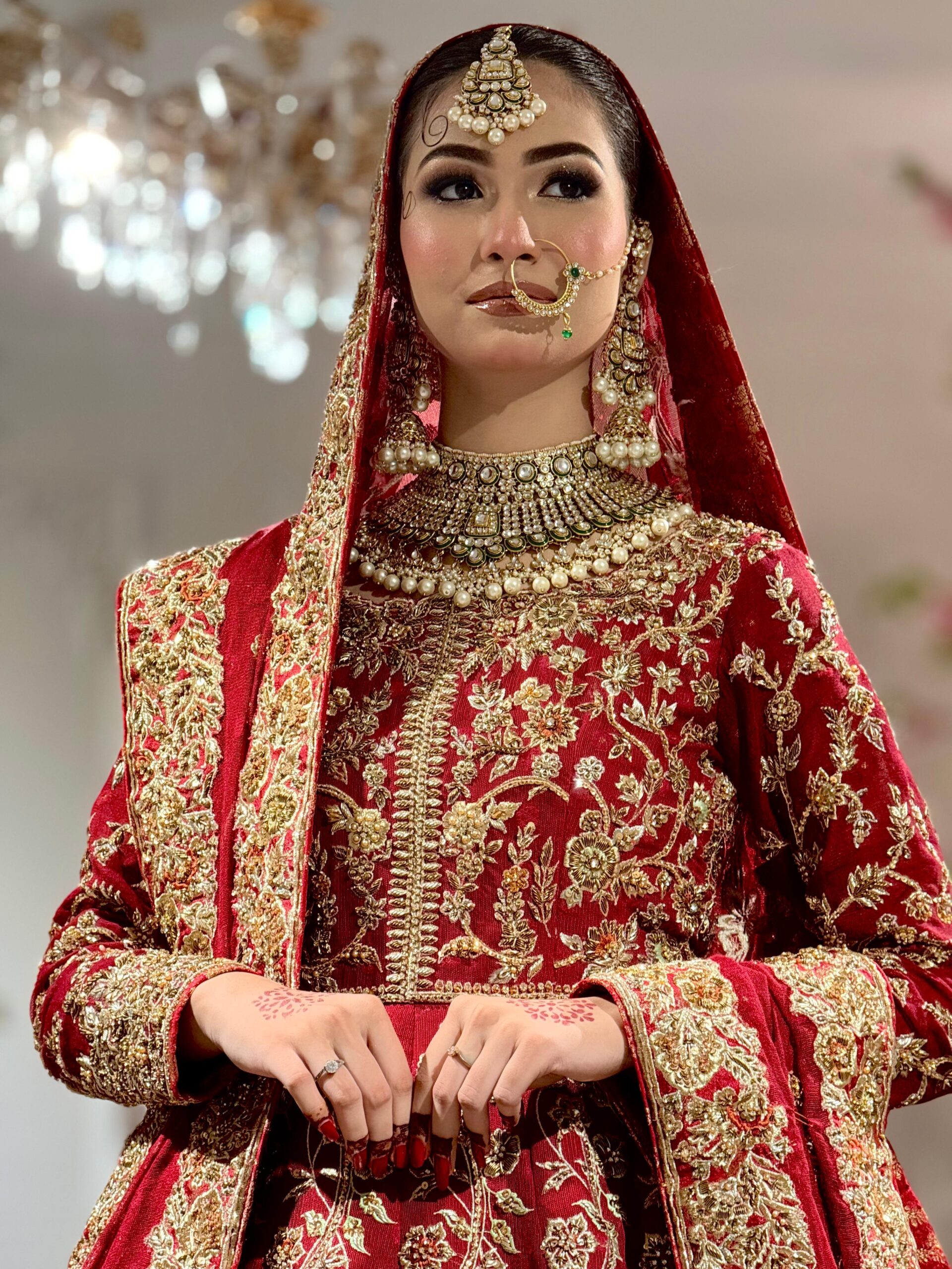 Pakistani Deep Red Zardozi Velvet Bridal Lehenga (3-Piece) - Image 6