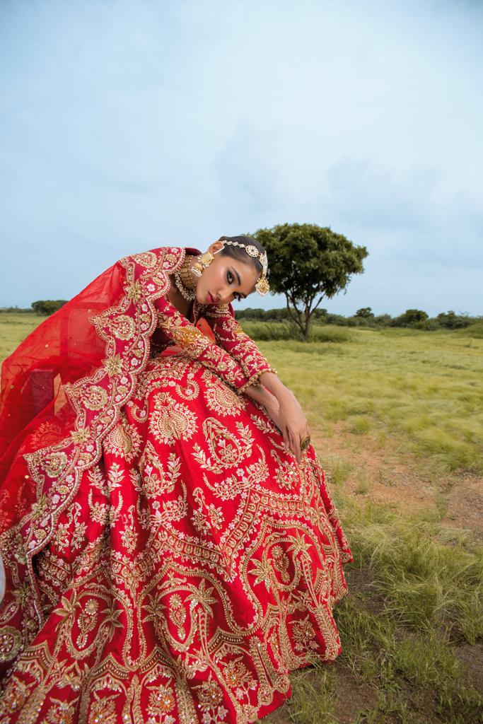 Royal Red Embroidered Velvet Lehenga Choli (3-Piece) - Image 2