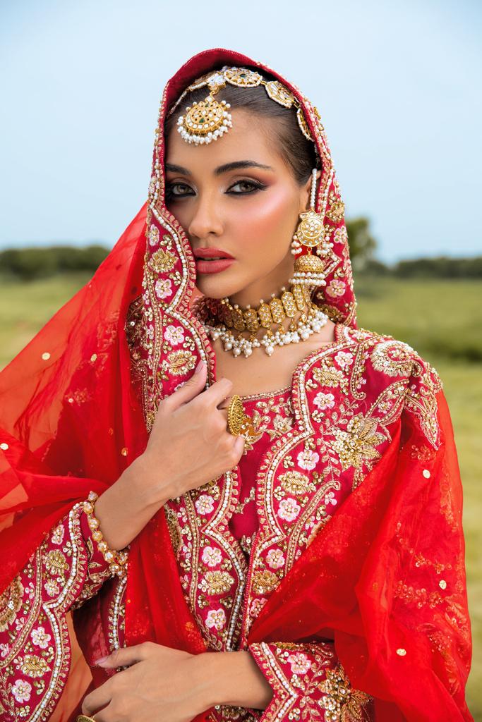 Royal Red Embroidered Velvet Lehenga Choli (3-Piece) - Image 3