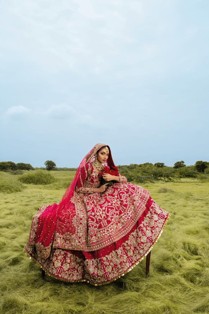 Pakistani Magenta Red Embroidered Velvet Bridal Lehenga (3-Piece) - Image 1