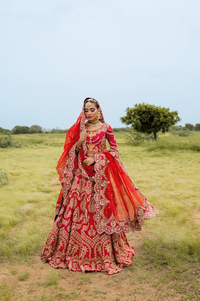 Pakistani Magenta Red Embroidered Velvet Bridal Lehenga (3-Piece) - Image 4