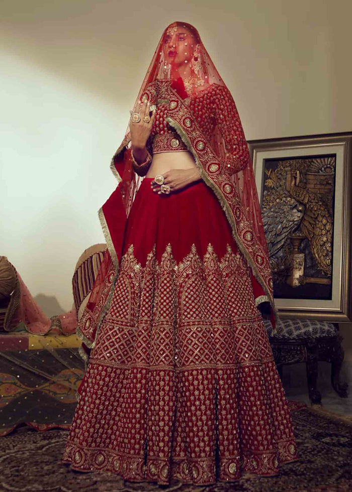 Pakistani Red Zardozi Velvet Lehenga Choli (3-Piece) - Image 1