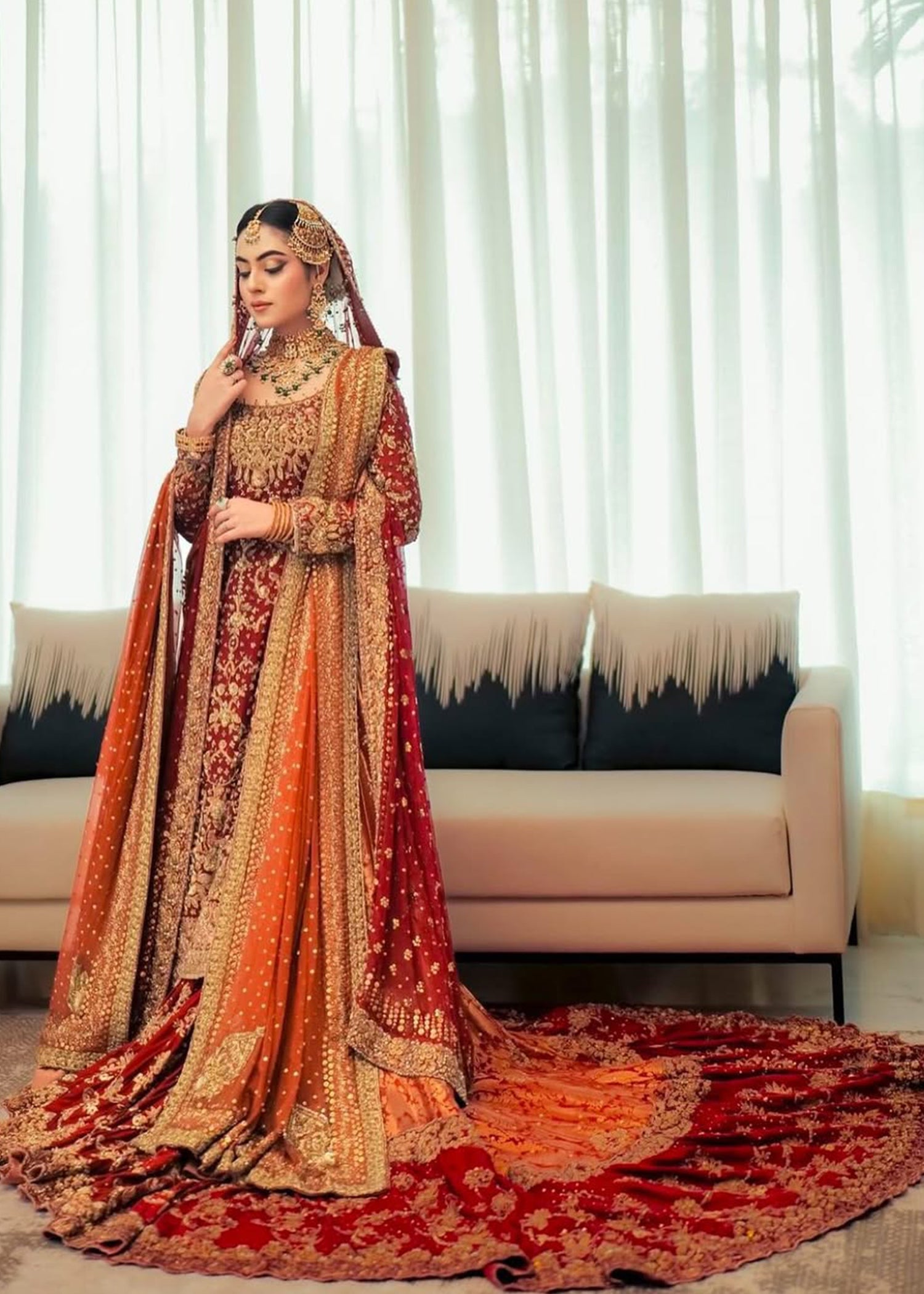 Deep Red Zardozi Velvet Bridal Lehenga (3-Piece) - Image 1