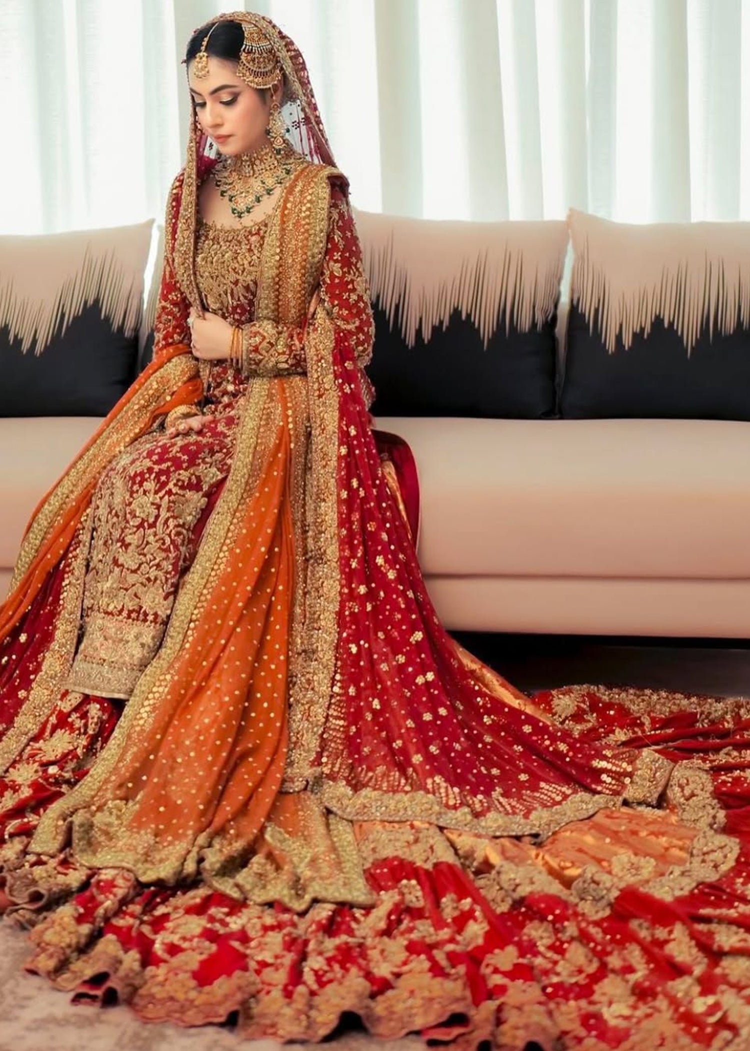 Deep Red Zardozi Velvet Bridal Lehenga (3-Piece) - Image 2