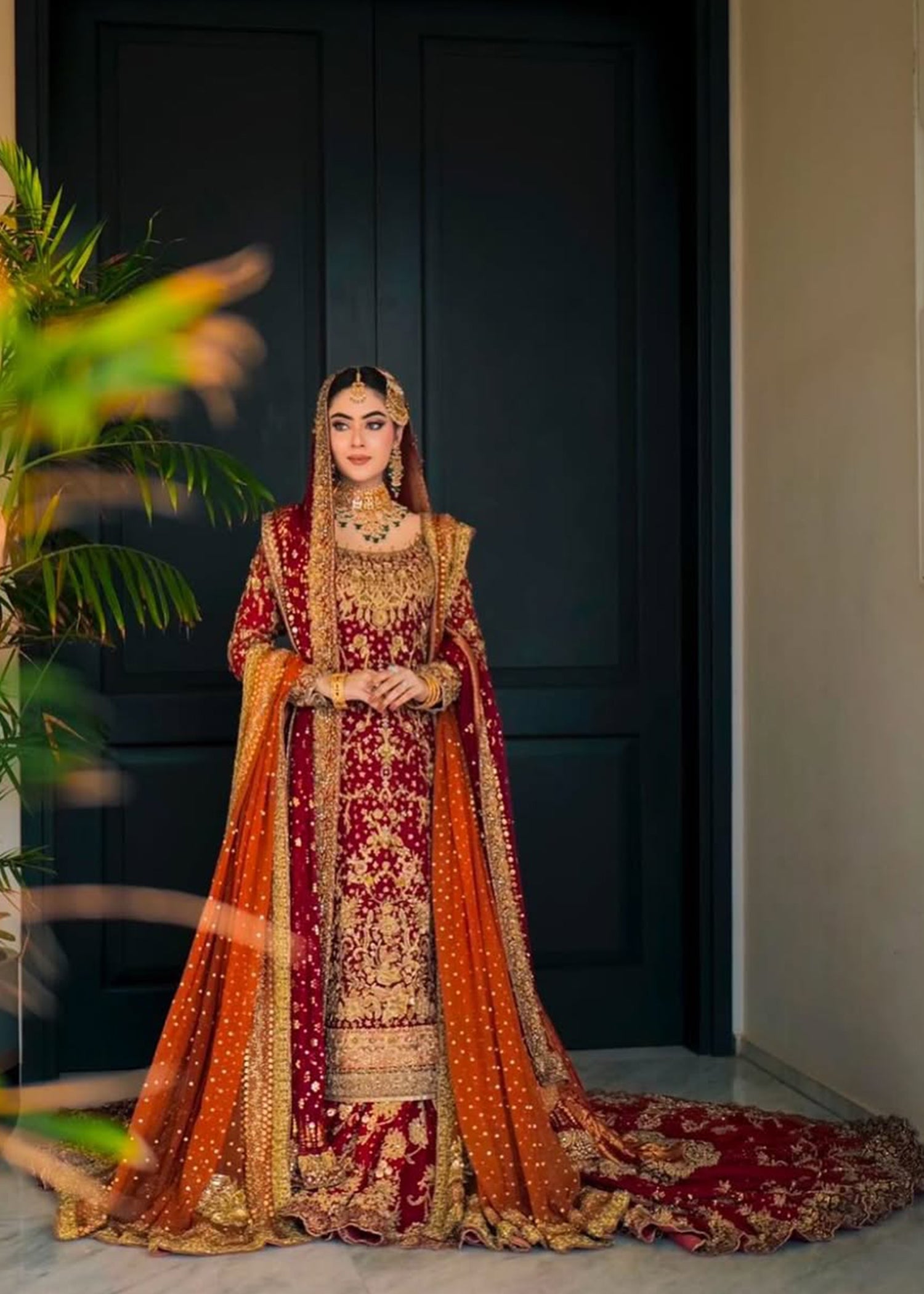 Deep Red Zardozi Velvet Bridal Lehenga (3-Piece) - Image 4