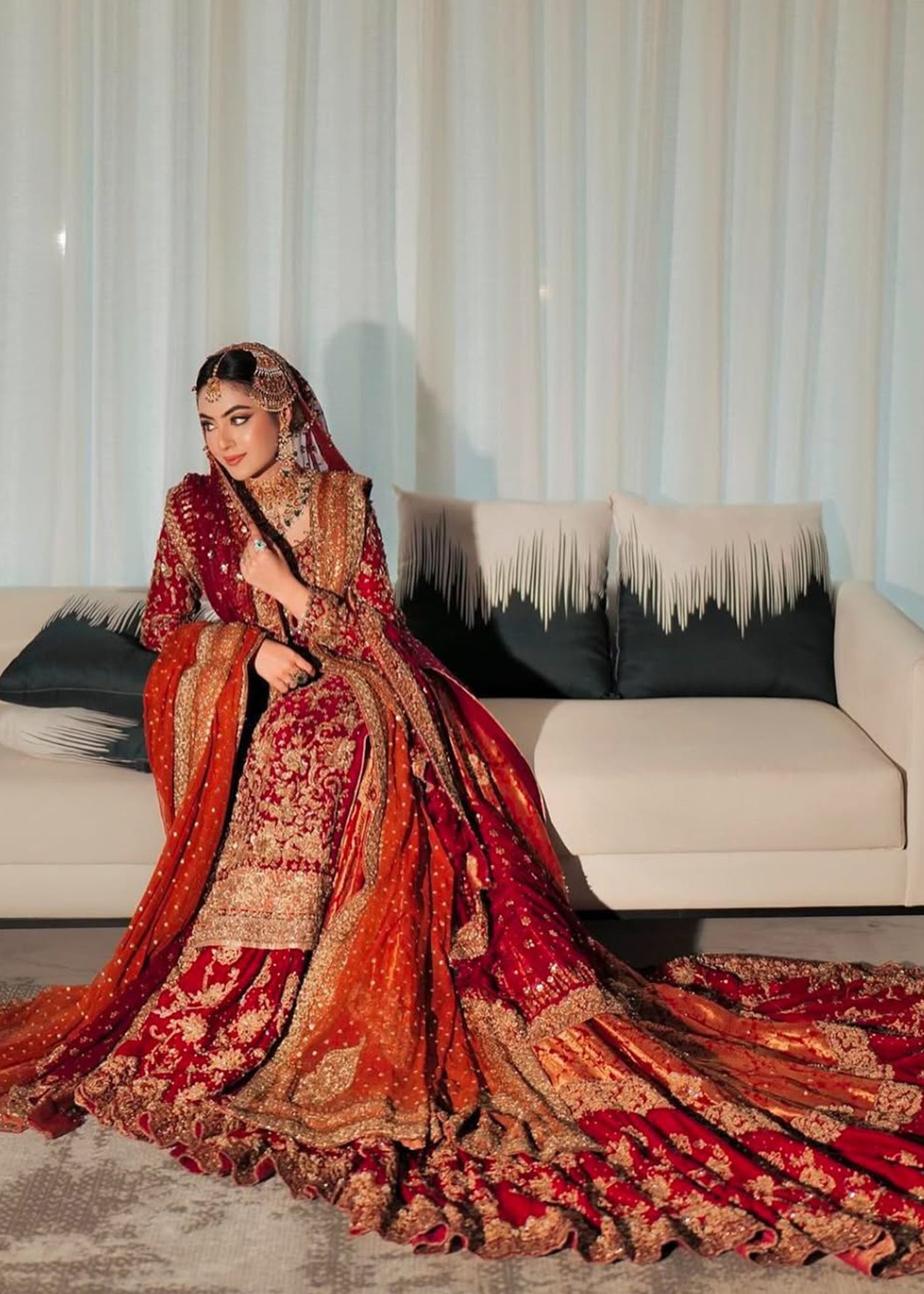 Deep Red Zardozi Velvet Bridal Lehenga (3-Piece) - Image 5