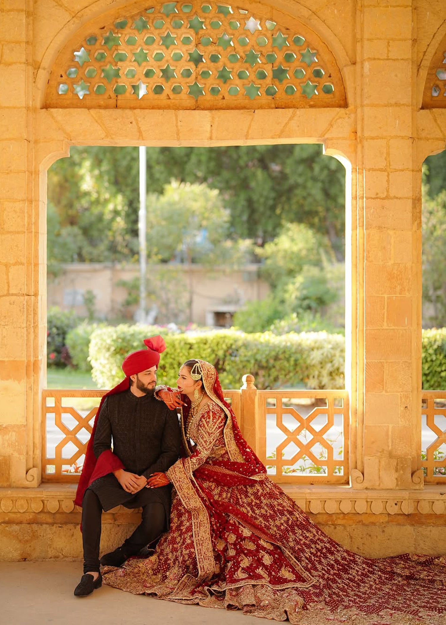 Pakistani Deep Red Zardozi Velvet Bridal Lehenga (3-Piece) - Image 10