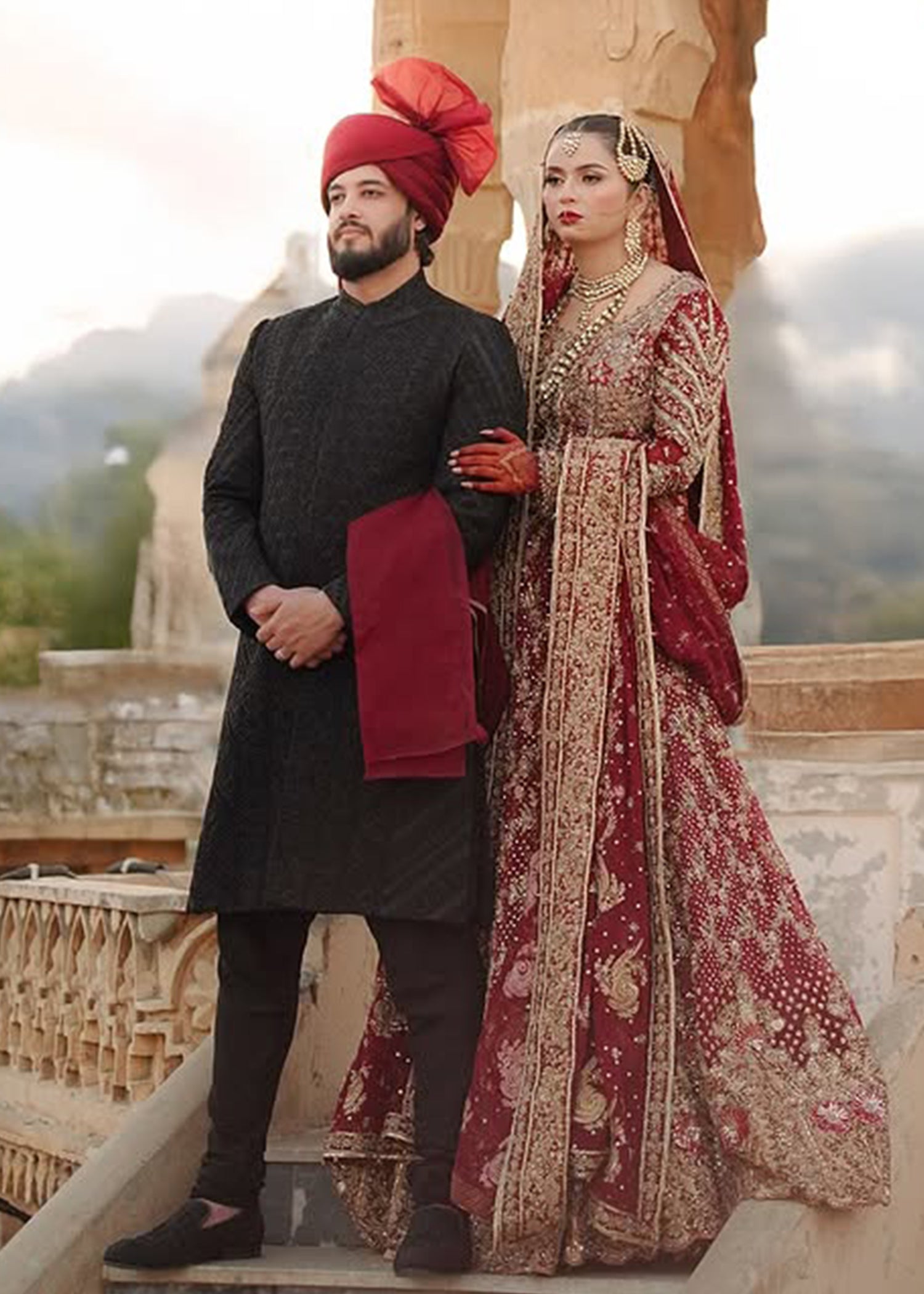 Pakistani Deep Red Zardozi Velvet Bridal Lehenga (3-Piece) - Image 2