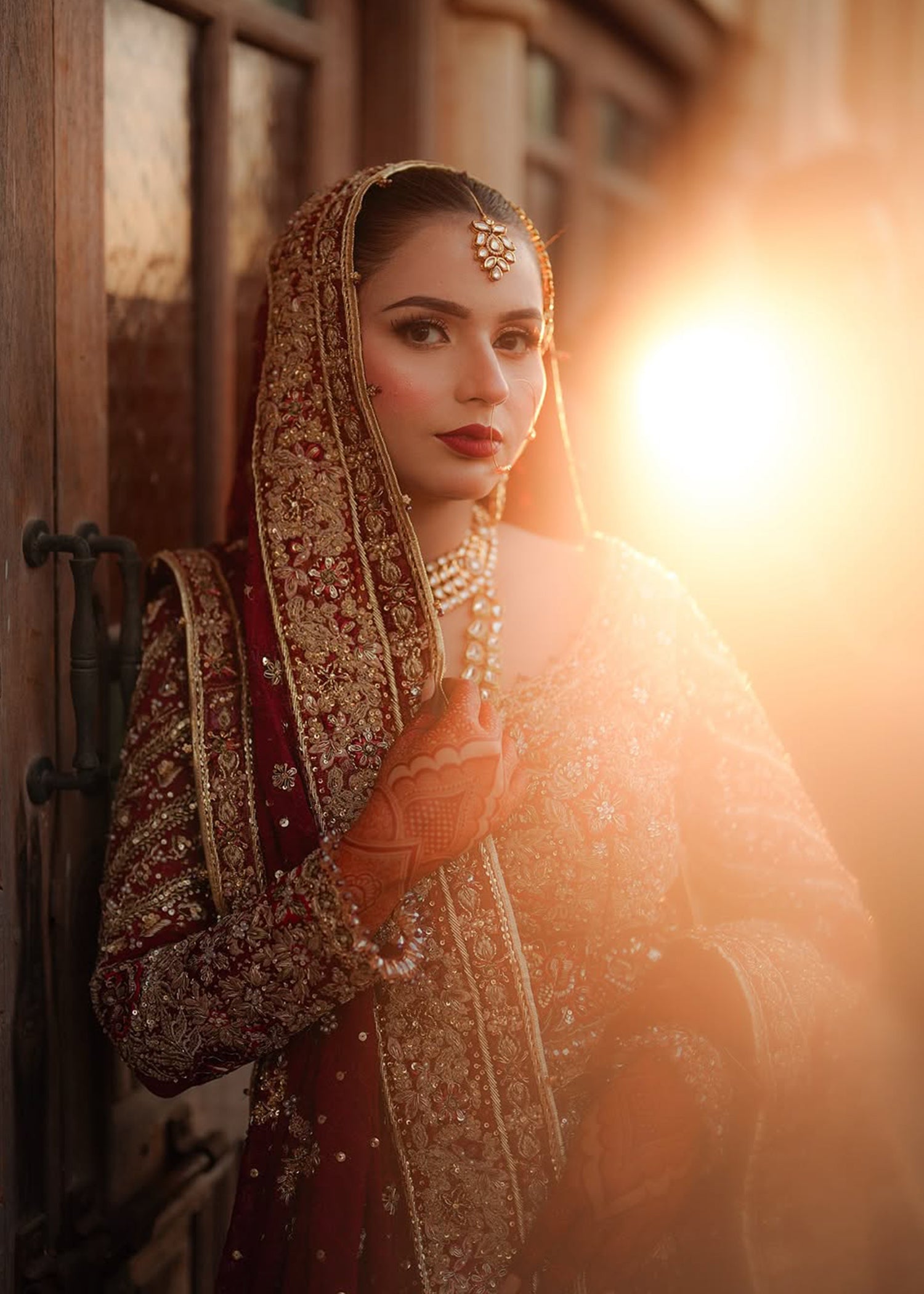 Pakistani Deep Red Zardozi Velvet Bridal Lehenga (3-Piece) - Image 3