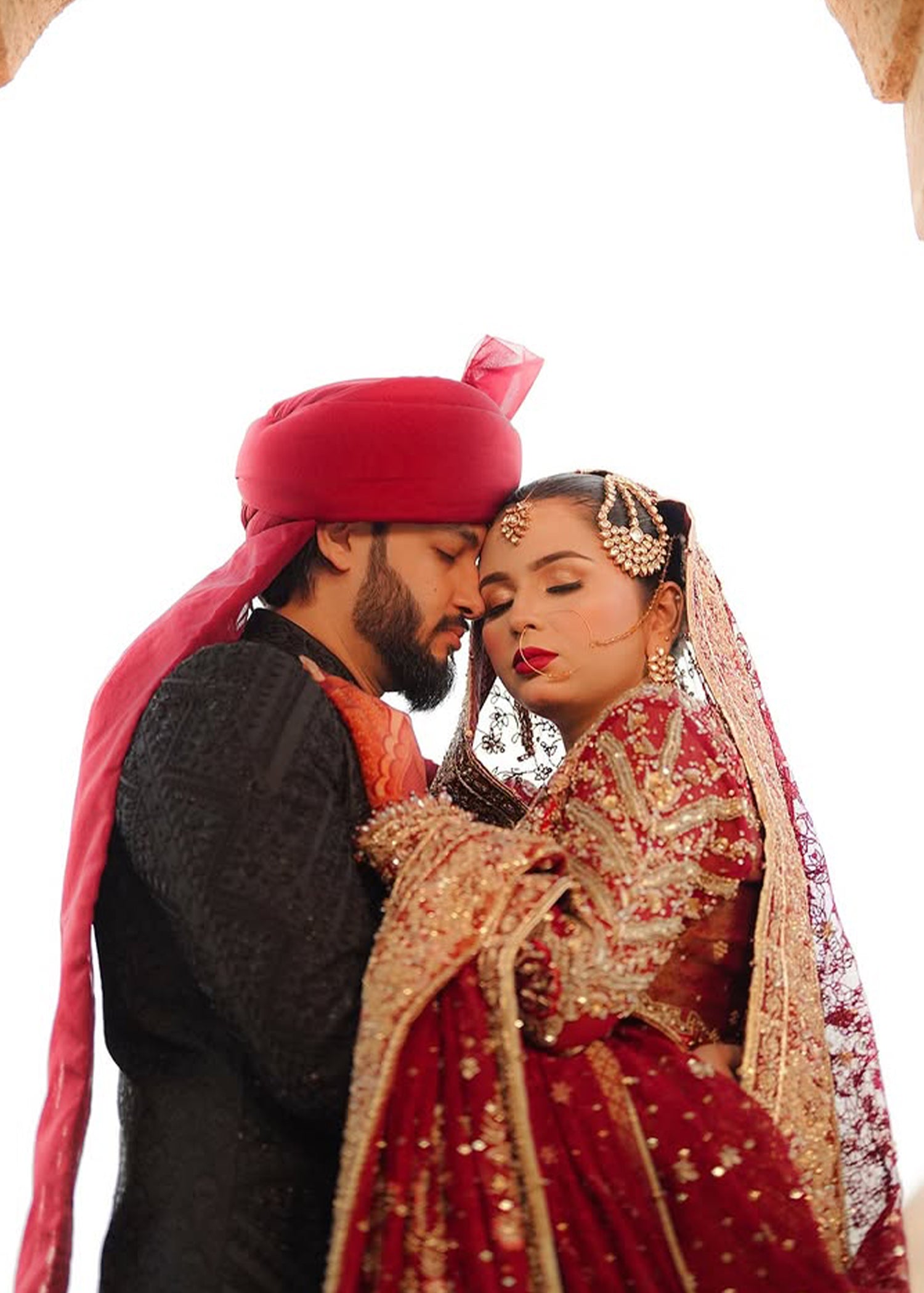 Pakistani Deep Red Zardozi Velvet Bridal Lehenga (3-Piece) - Image 4