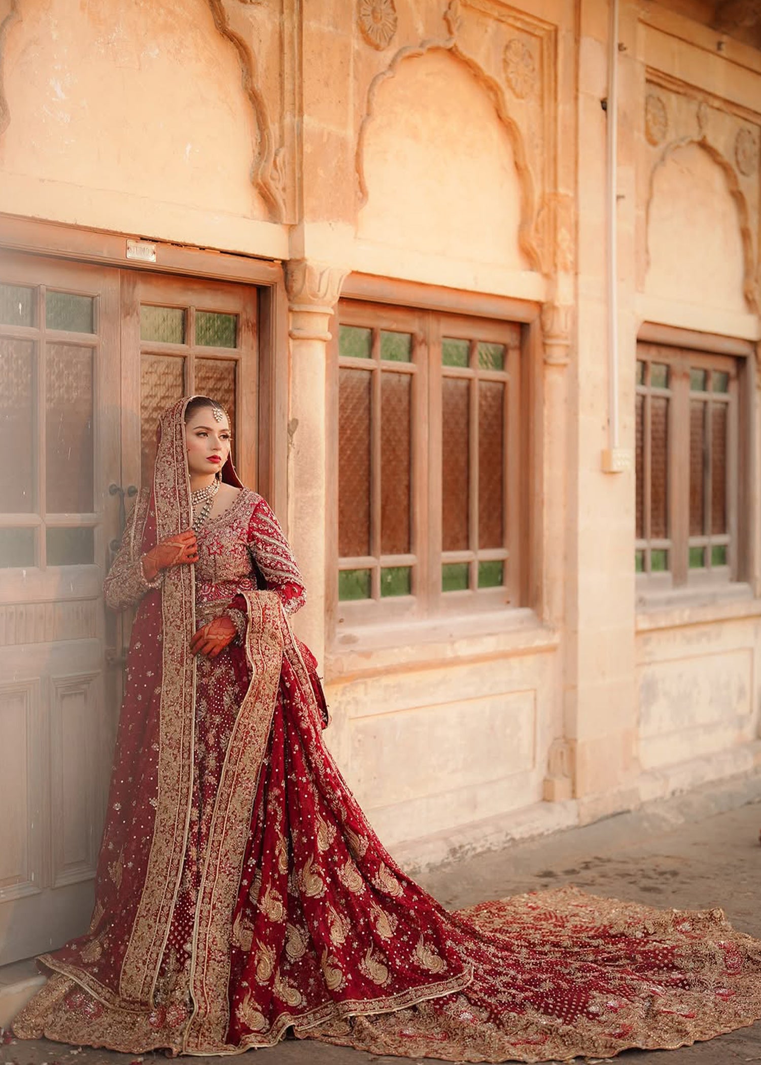 Pakistani Deep Red Zardozi Velvet Bridal Lehenga (3-Piece) - Image 5